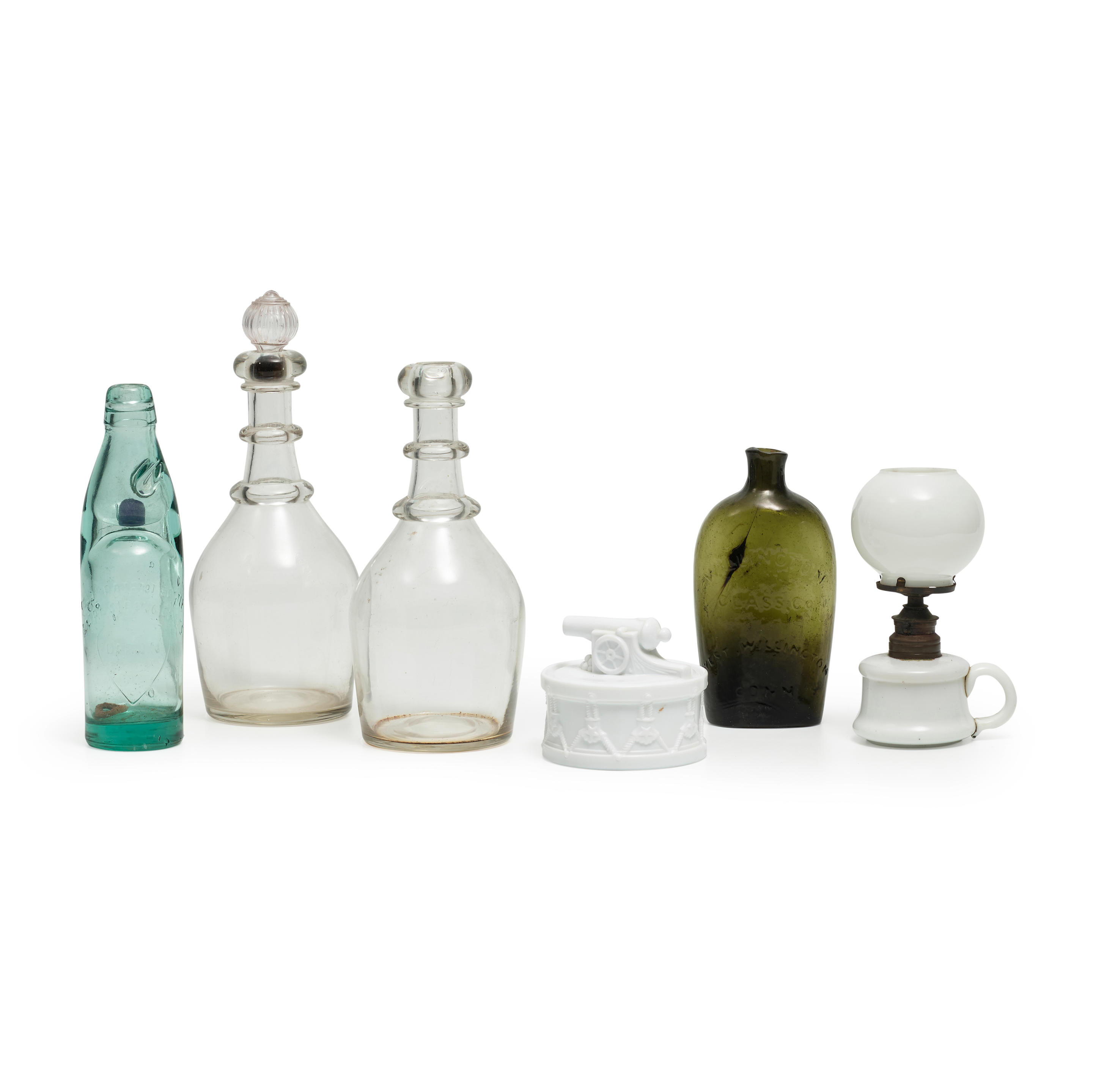 Appraisal: SIX TH-CENTURY GLASS ITEMS Including two colorless three-ring decanters one