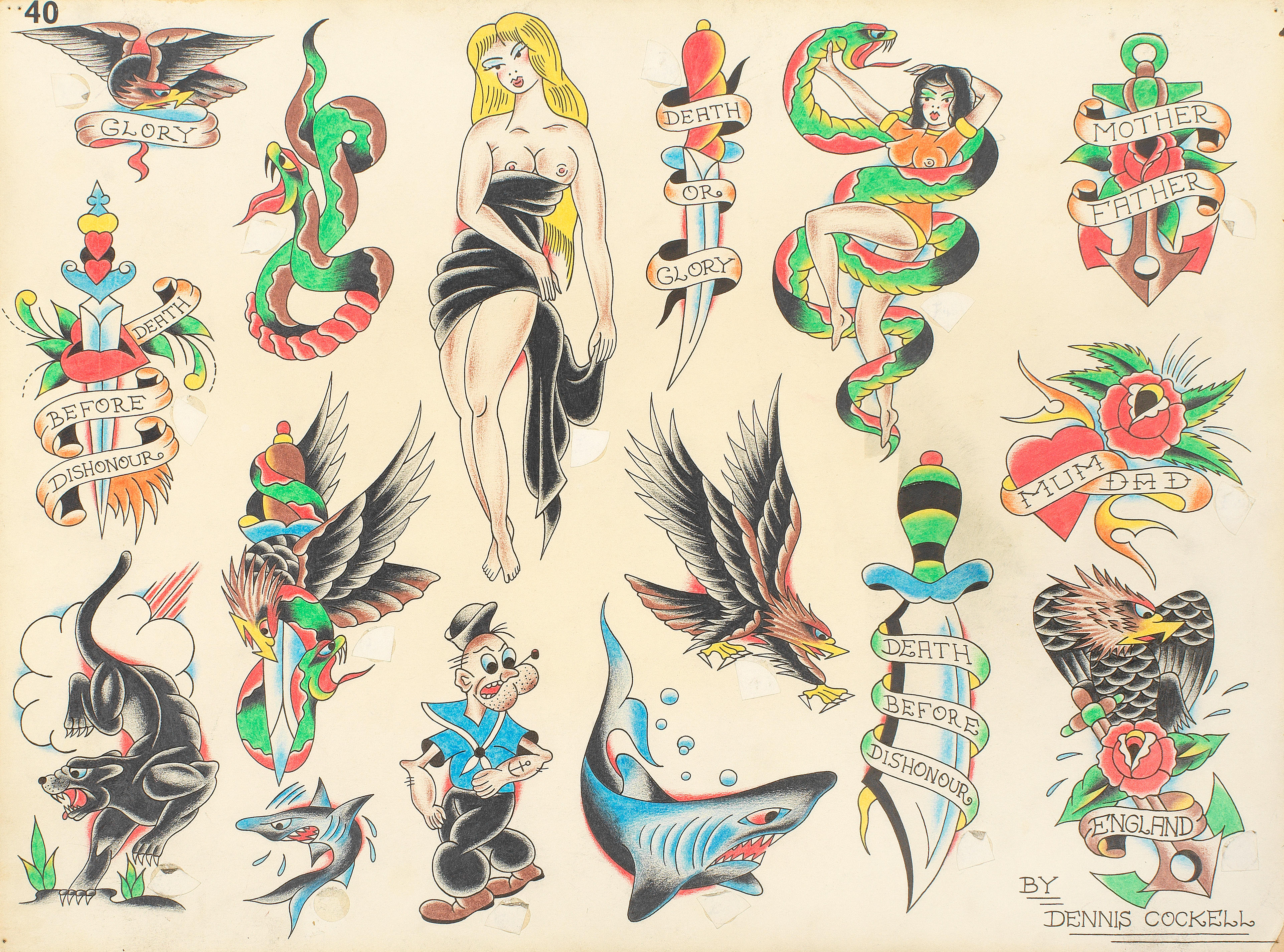 Appraisal: DENNIS COCKELL A Group of Traditional Sailor-Style Tattoo Flash -