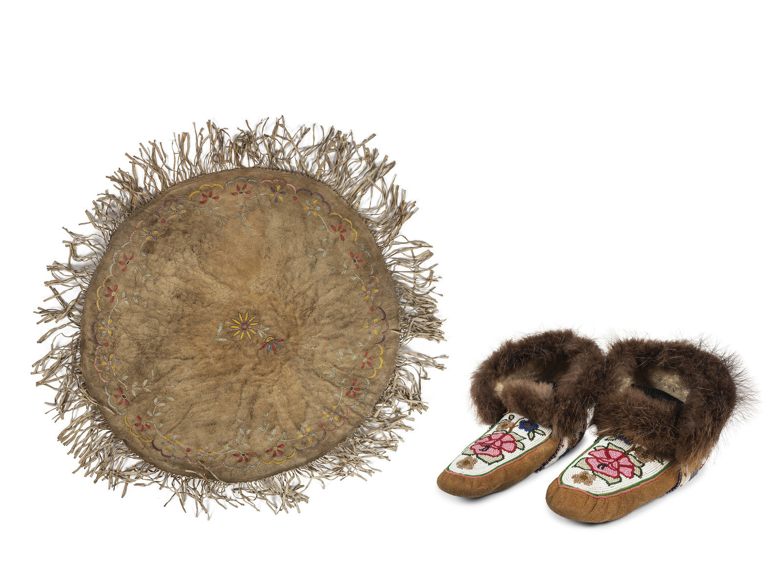 Appraisal: Northern Cree Beaded Hide Moccasins and Quilled Hide Table Mat