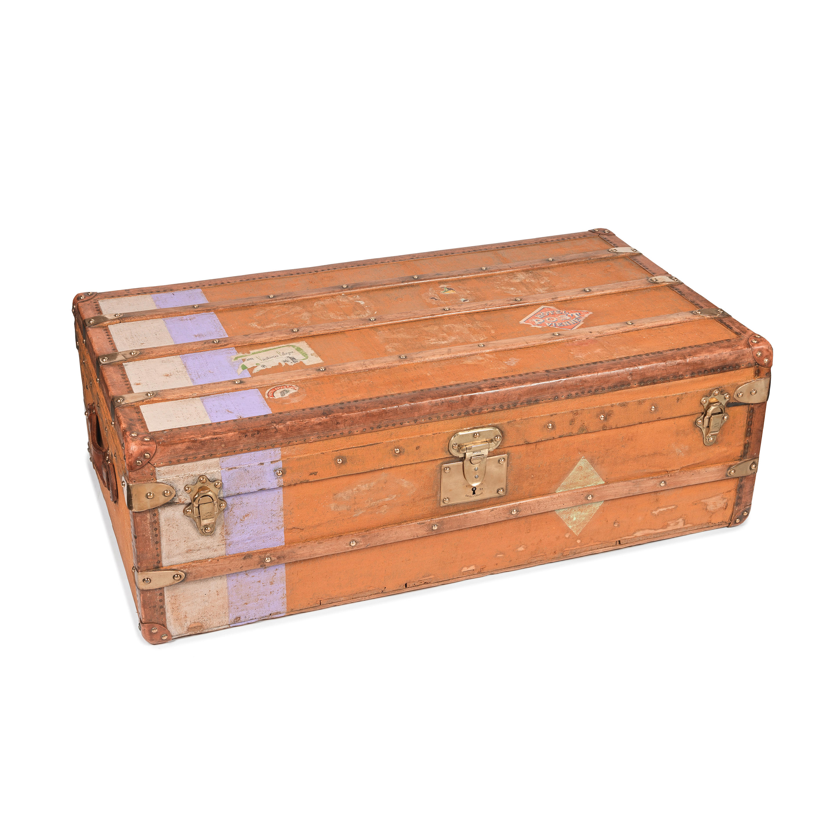 Appraisal: GOYARD A CANVAS STEAMER TRUNK s Two painted vertical bands