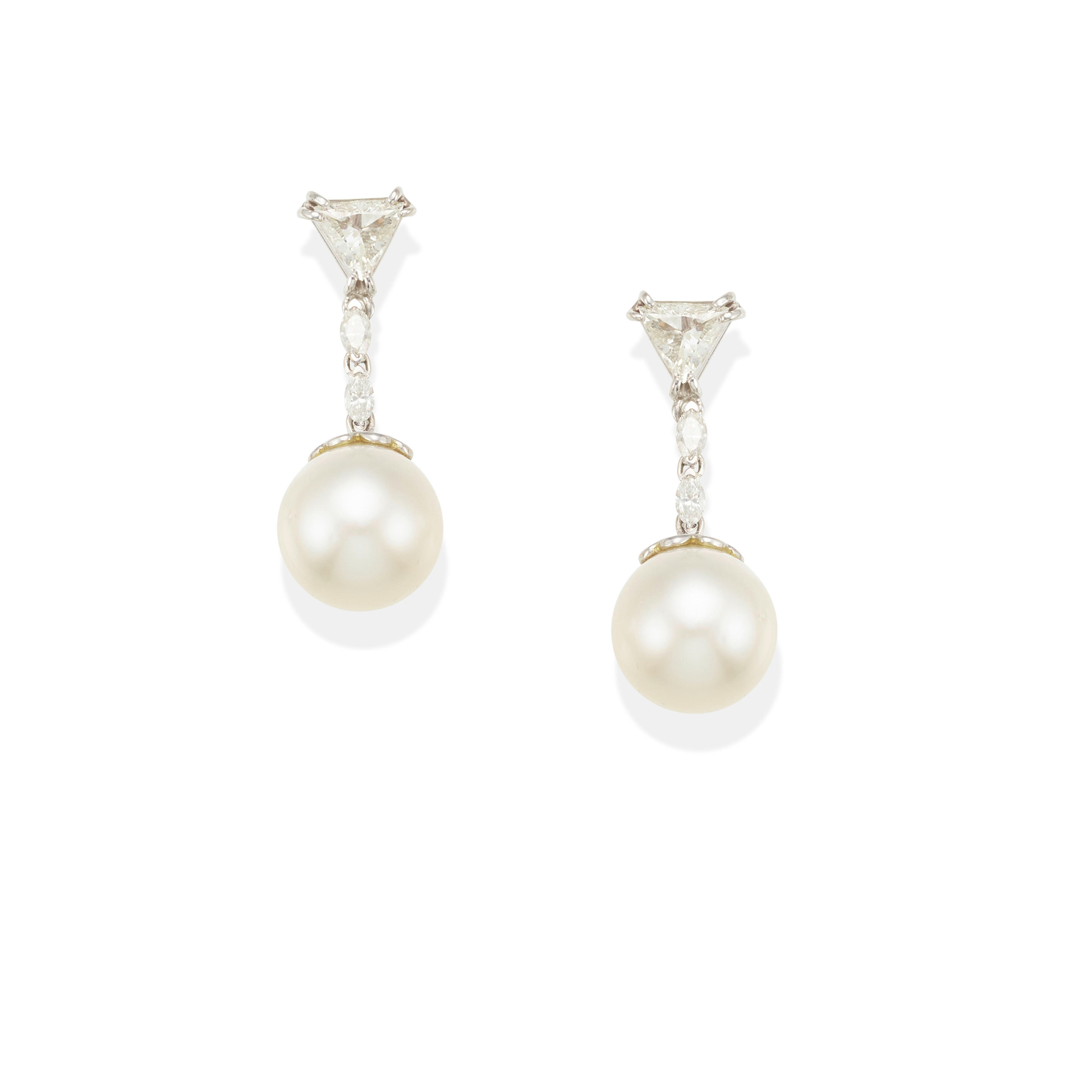 Appraisal: A PAIR OF WHITE GOLD CULTURED PEARL AND DIAMOND EARRINGS