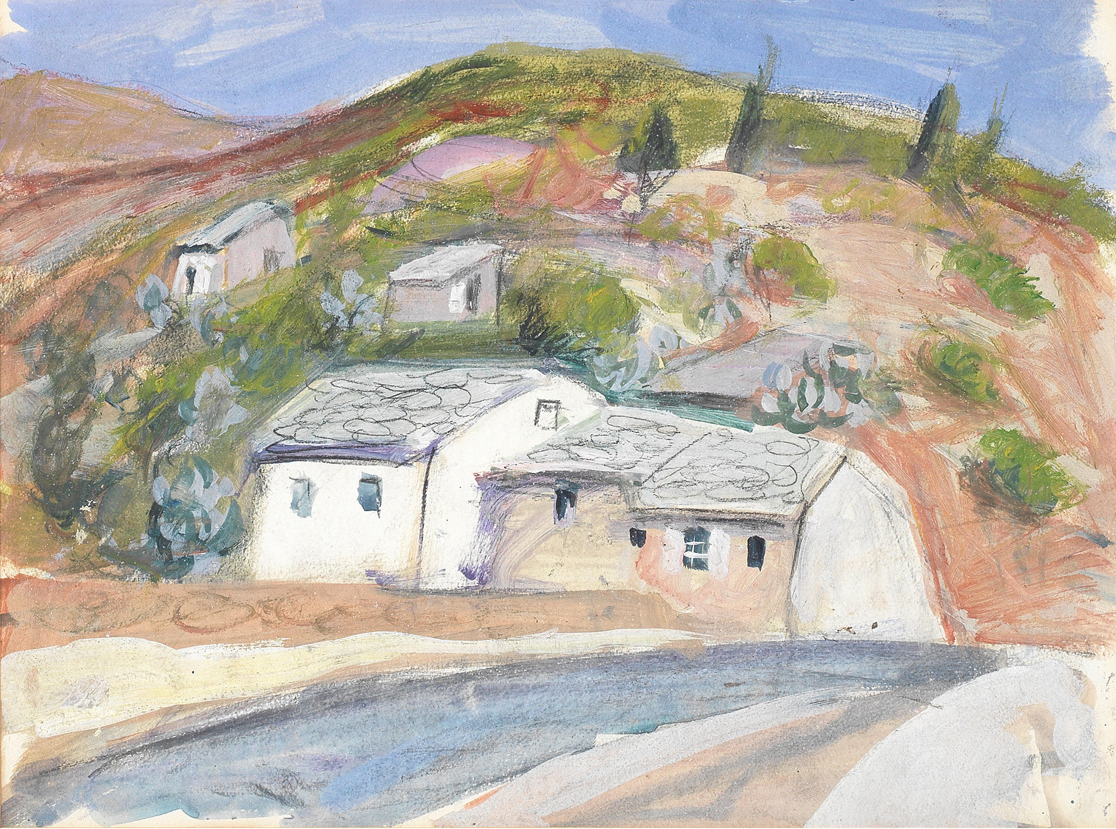 Appraisal: ANNE REDPATH BRITISH - Roadside Cottages Corsica gouache chalk and