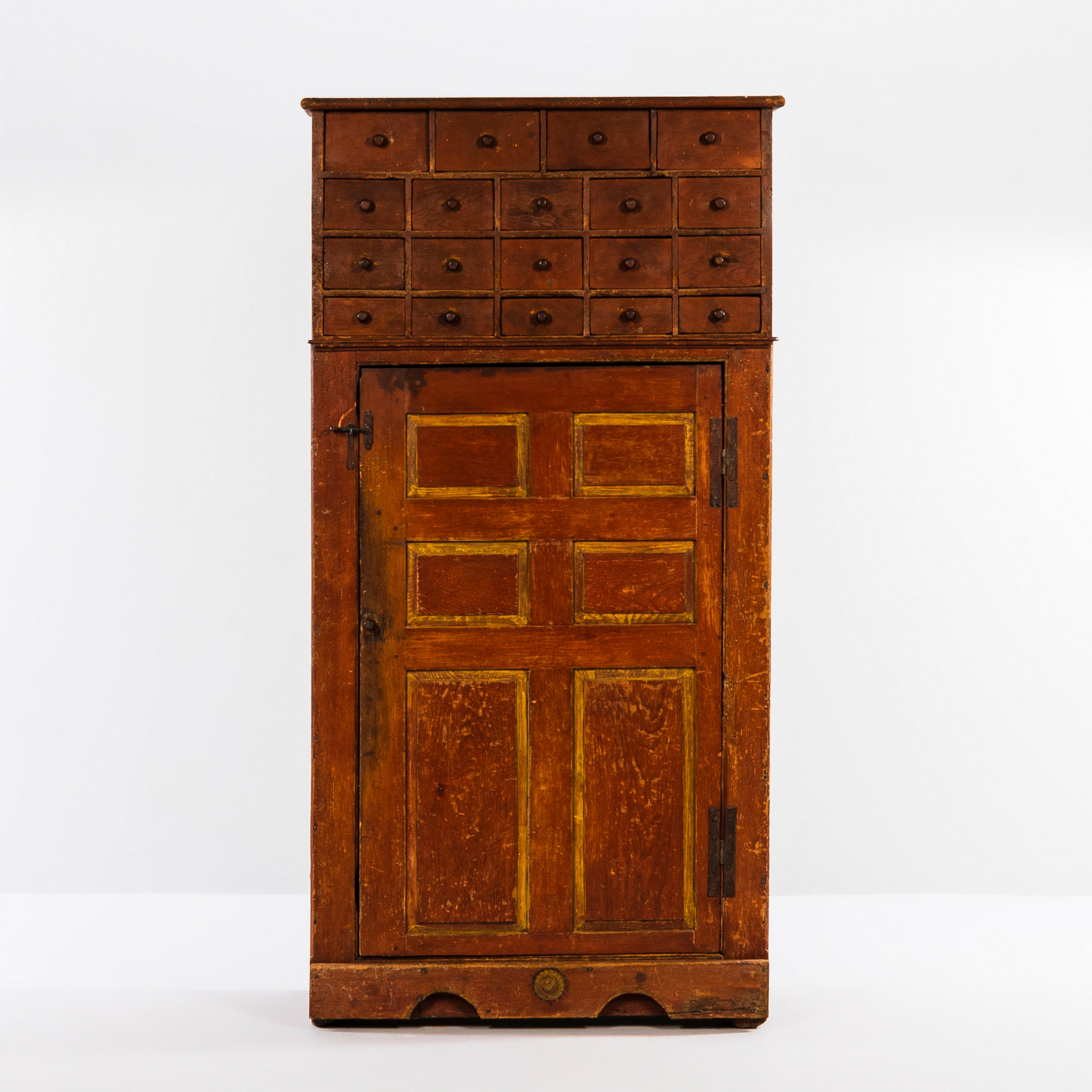 Appraisal: PAINTED CUPBOARD WITH DRAWERS probably New England th century Three-shelf