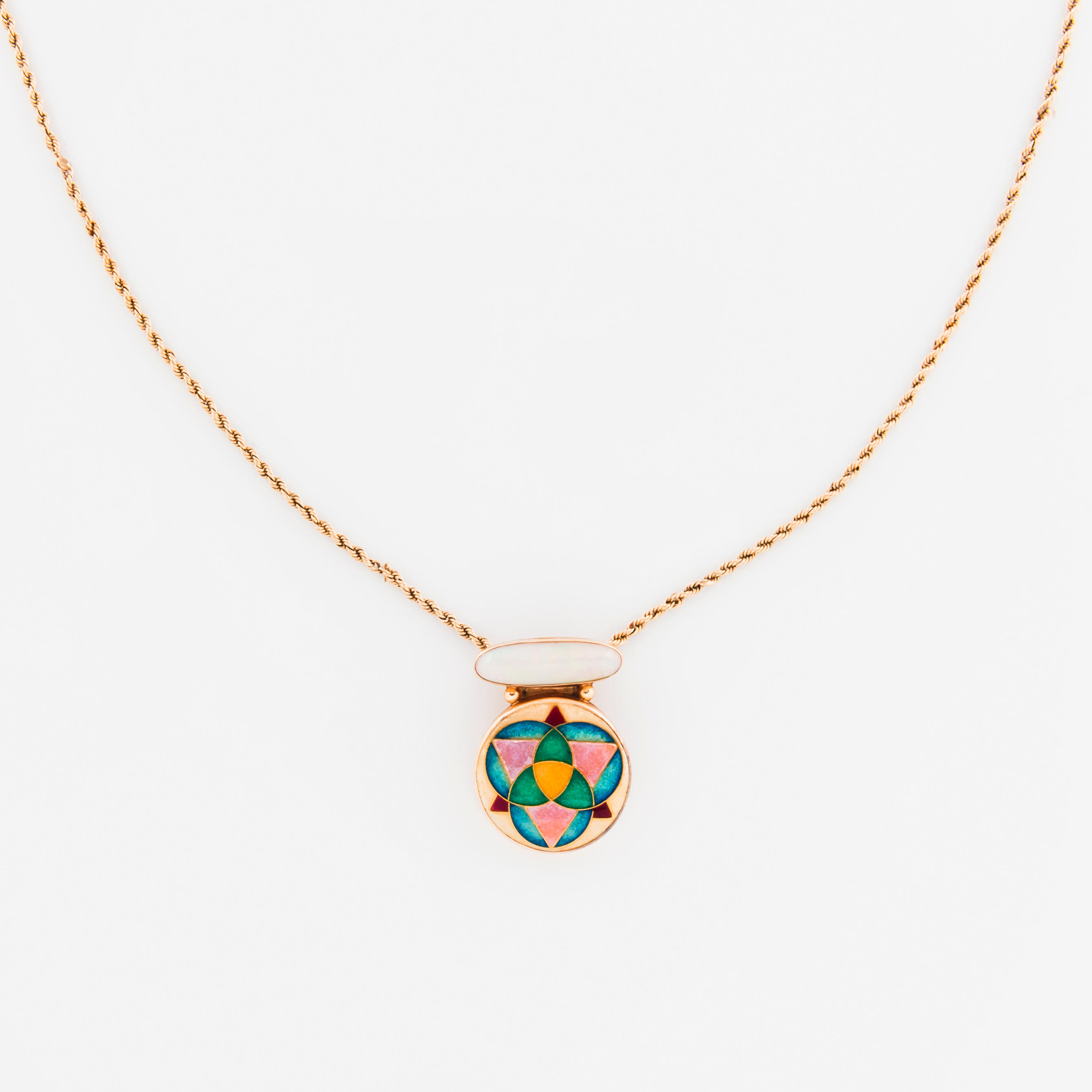 Appraisal: A K GOLD OPAL AND ENAMEL PENDANT Designed as a