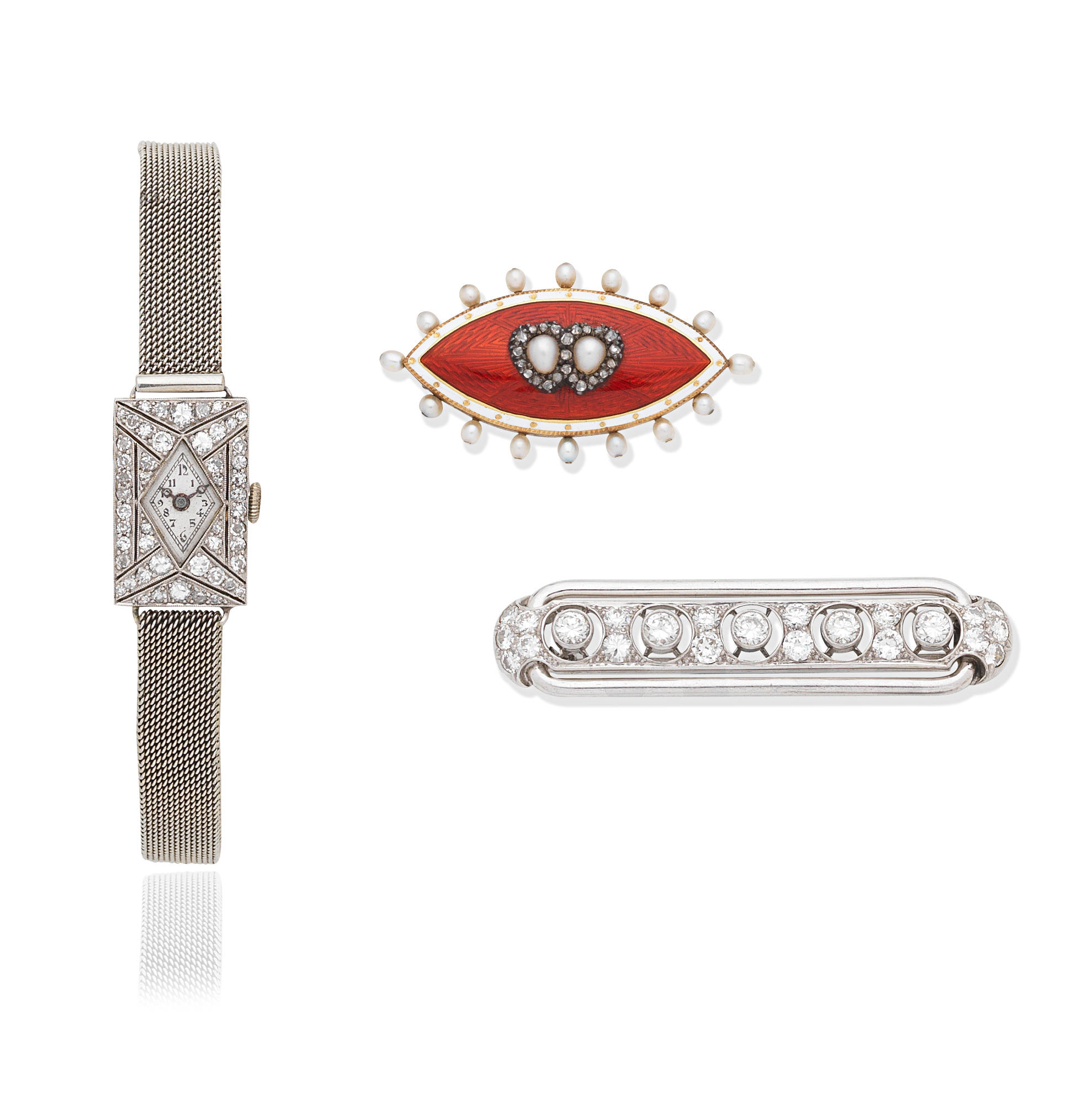 Appraisal: DIAMOND-SET WRISTWATCH DIAMOND BAR BROOCH ENAMEL DIAMOND AND SEED PEARL