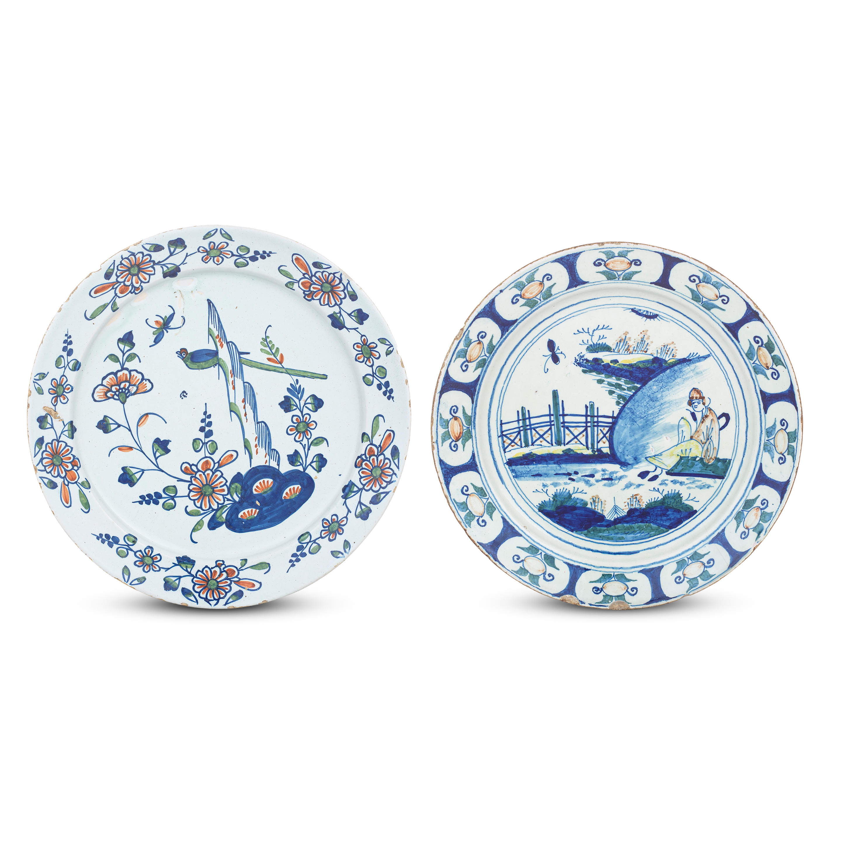 Appraisal: TWO ENGLISH DELFTWARE CHARGERS CIRCA Probably Bristol one painted in