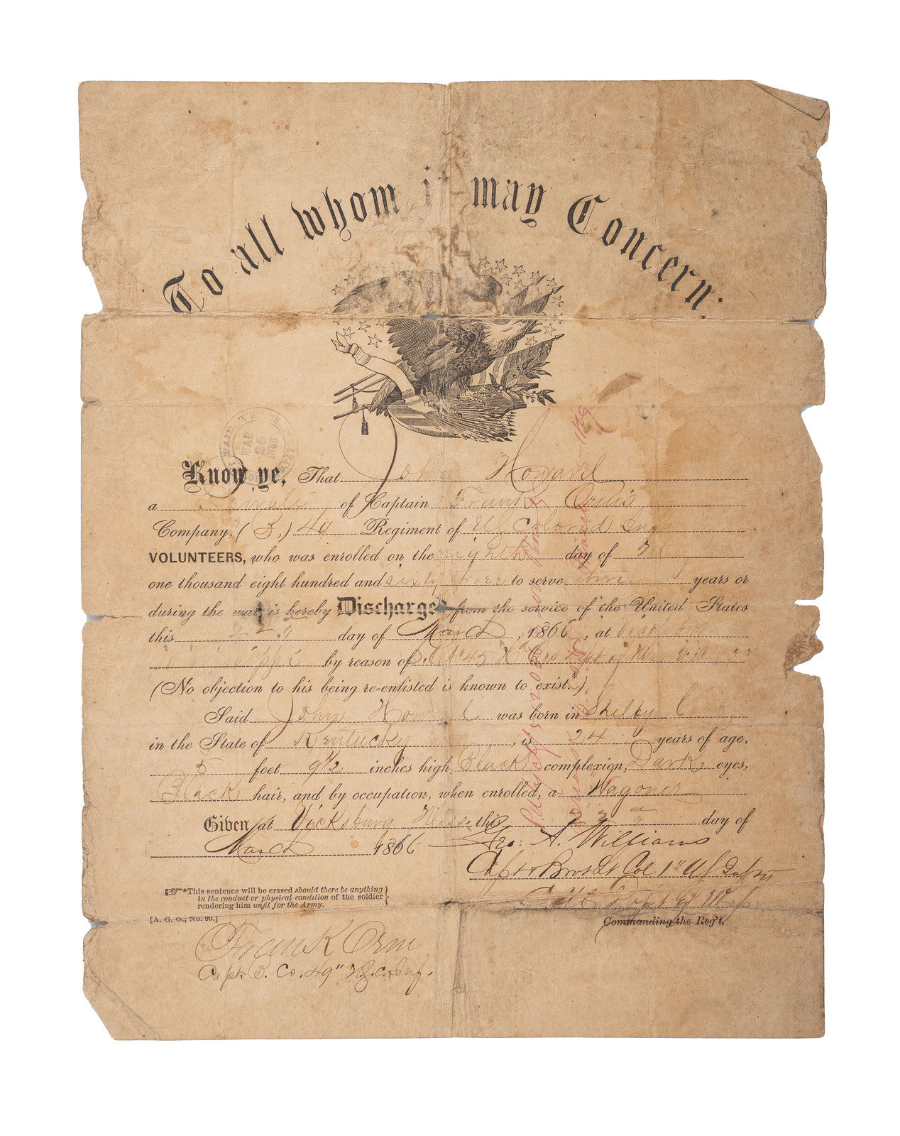 Appraisal: CIVIL WAR Discharge certificate for formerly enslaved African American soldier