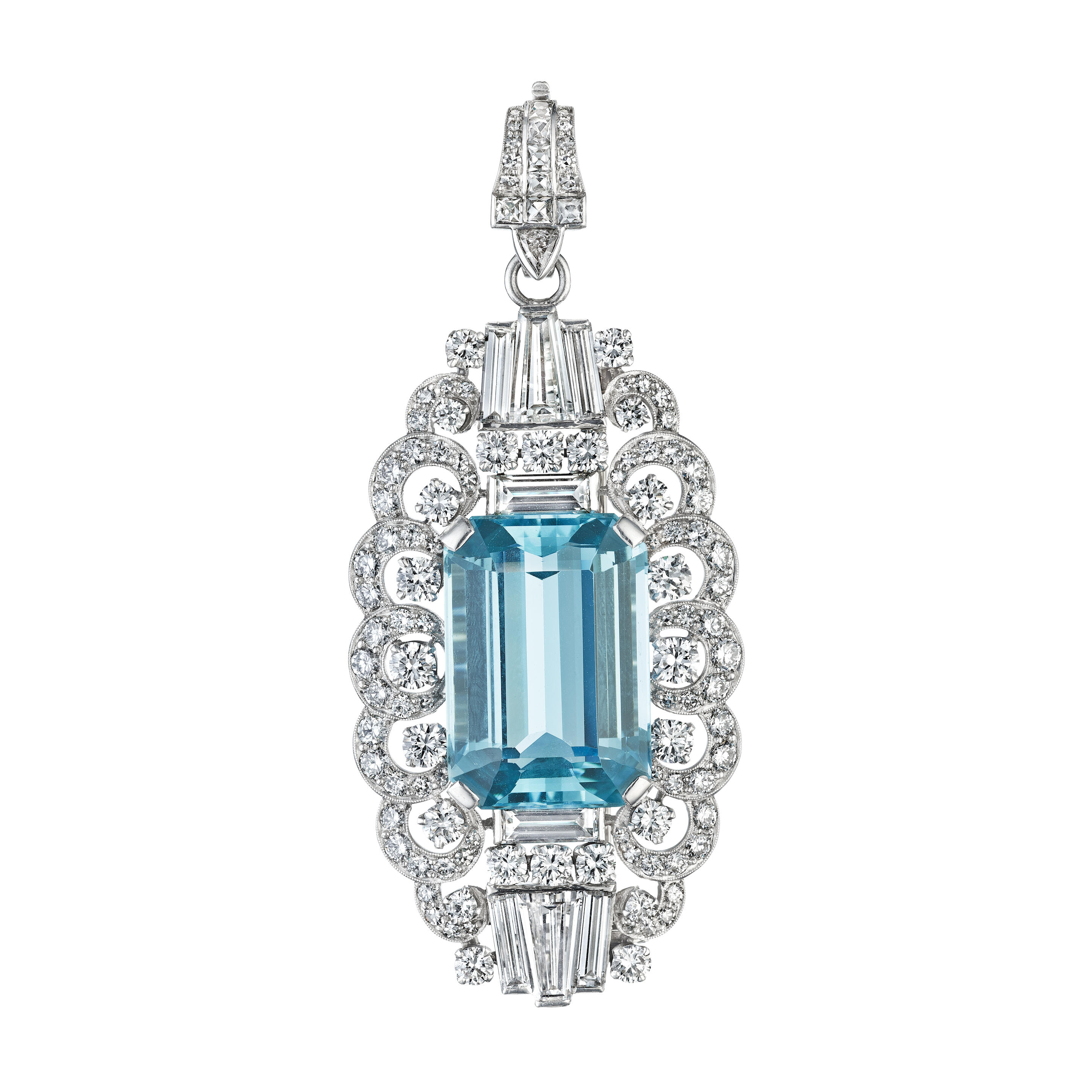 Appraisal: YARD A DIAMOND AND AQUAMARINE PENDANT BROOCH Centering a rectangular