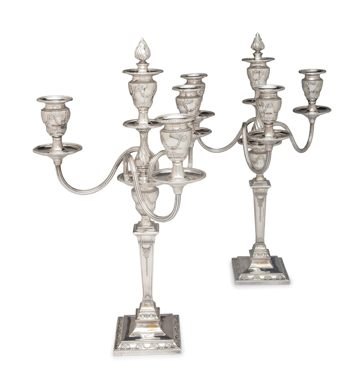 Appraisal: A Pair of Neoclassical Silver-Plate Four-Light Convertible Candelabra th Century