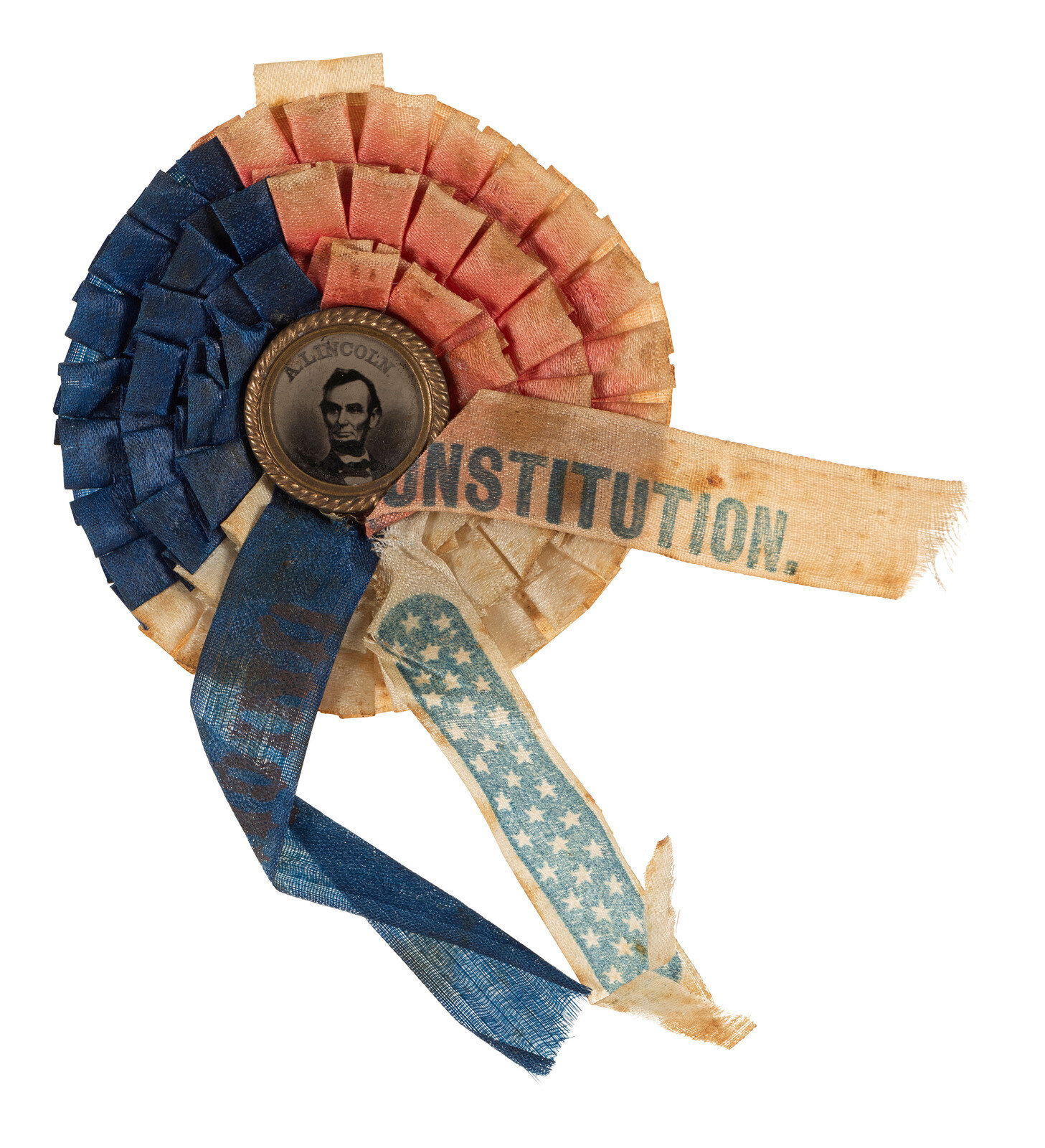 Appraisal: LINCOLN Abraham - Tri-colored campaign cockade with Lincoln ferrotype at