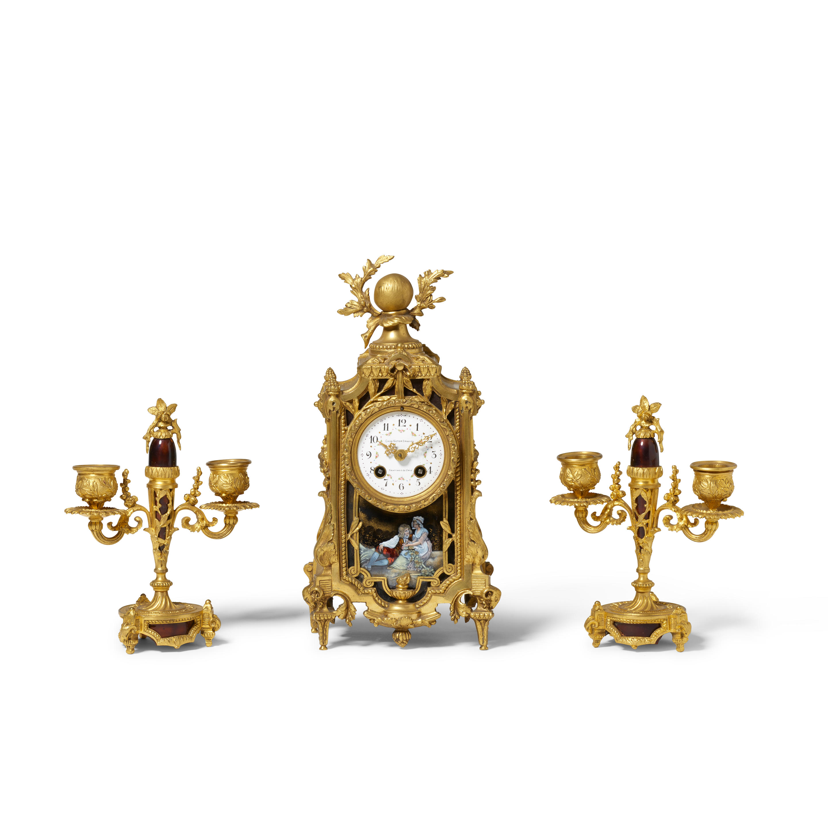 Appraisal: A LOUIS XVI STYLE GILT BRONZE AND ENAMEL THREE-PIECE CLOCK