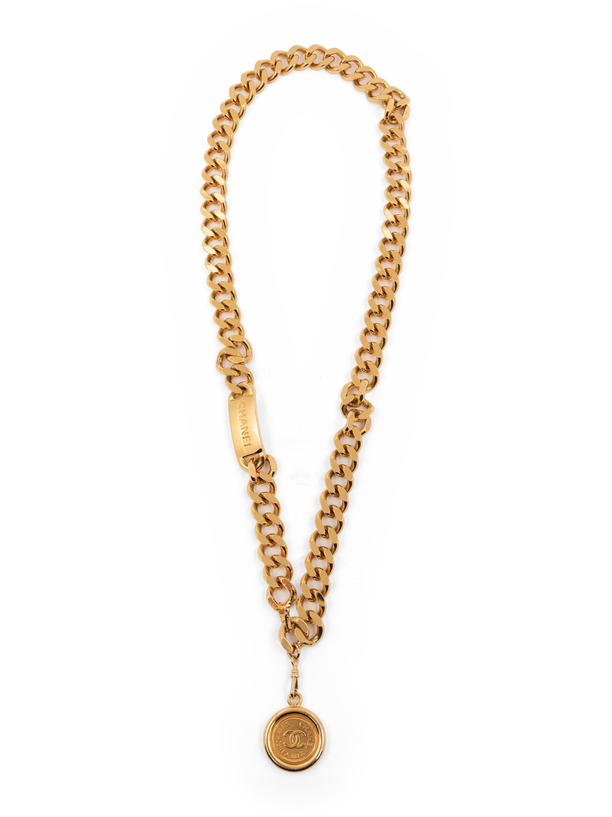 Appraisal: Chanel Engraved Plate and Chain Belt Spring Gold-tone metal chain