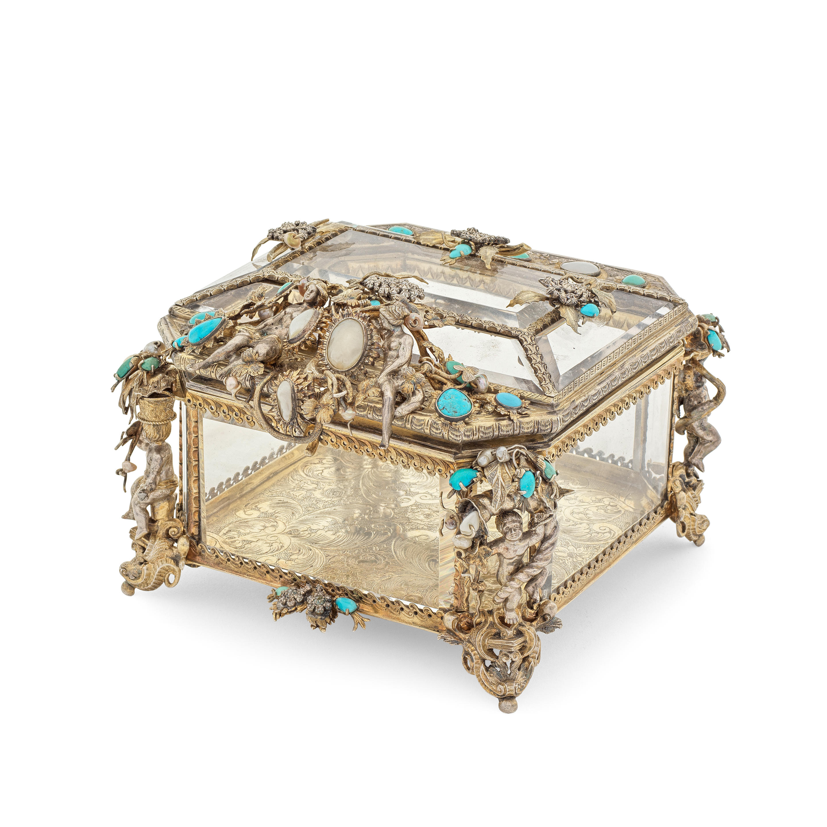 Appraisal: A CONTINENTAL SILVER-GILT MOUNTED ROCK CRYSTAL DIAMOND AND PEARL CASKET