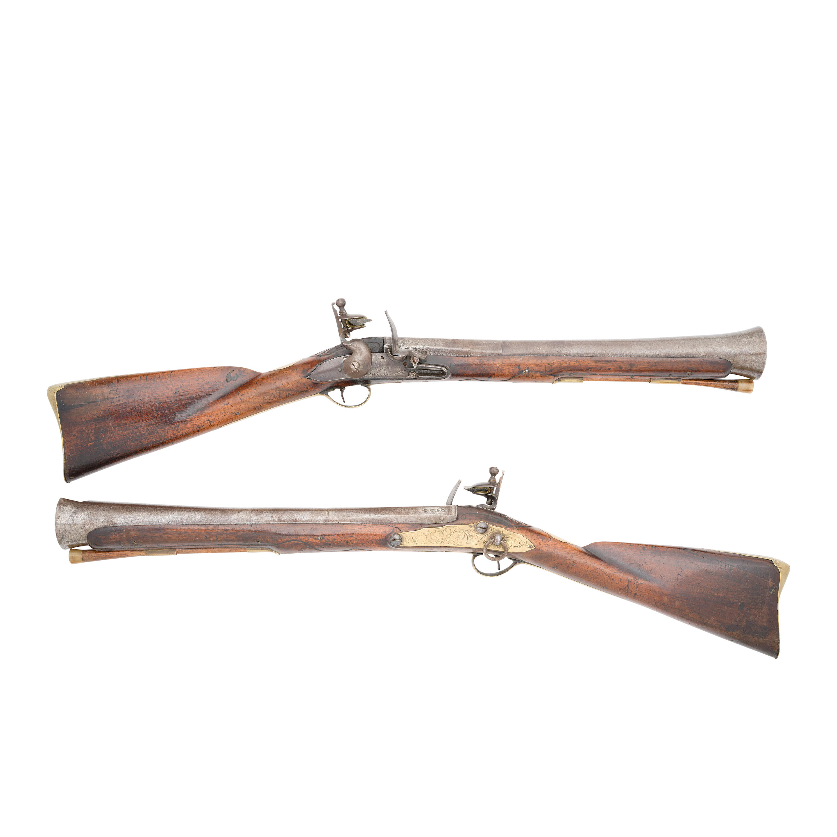 Appraisal: A RARE PAIR OF BRASS-MOUNTED FLINTLOCK BLUNDERBUSSES BY R WILDING