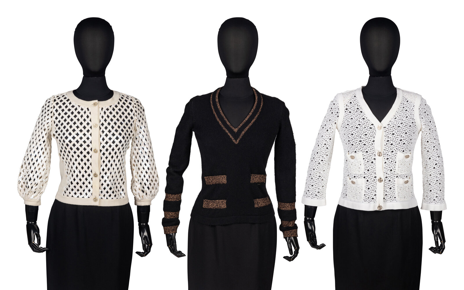 Appraisal: Three Chanel Sweaters THE FIRST Off-white cashmere cardigan with sequins