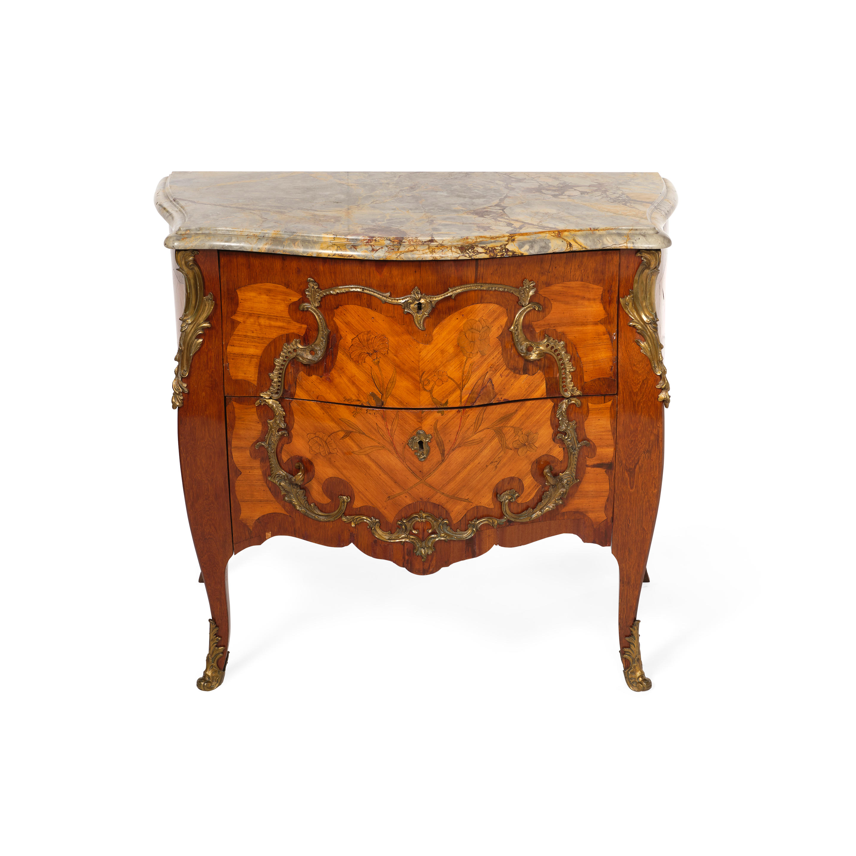 Appraisal: A LOUIS XV STYLE MARBLE TOP GILT BRONZE MOUNTED MARQUETRY