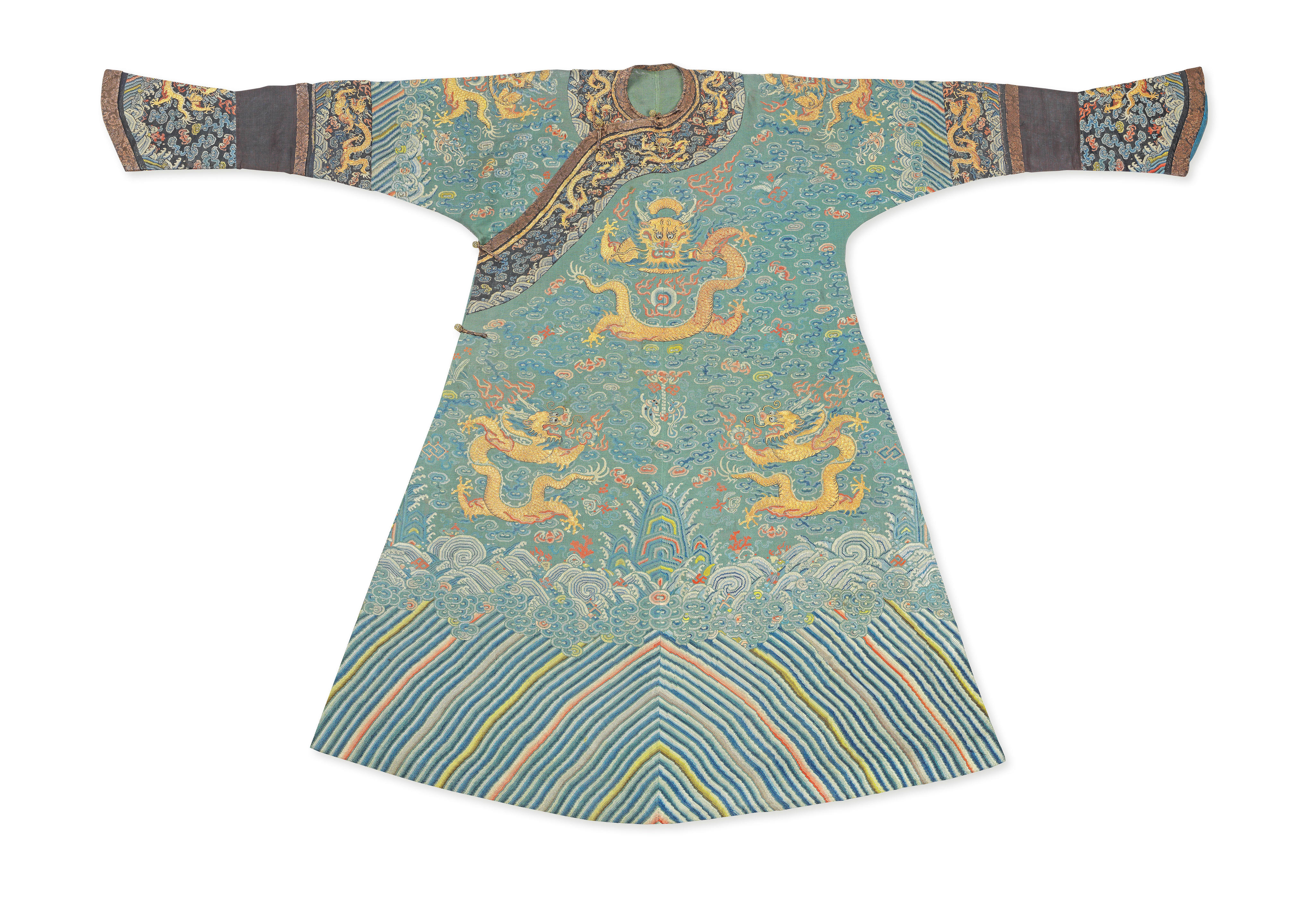 Appraisal: A RARE IMPERIAL NOBLEWOMAN'S TURQUOISE-GROUND GAUZE SILK 'DRAGON' ROBE JIFU