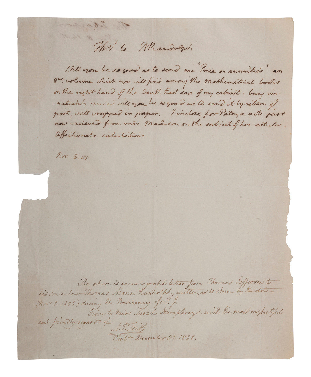 Appraisal: JEFFERSON Thomas - Autograph letter integrally signed Th J to