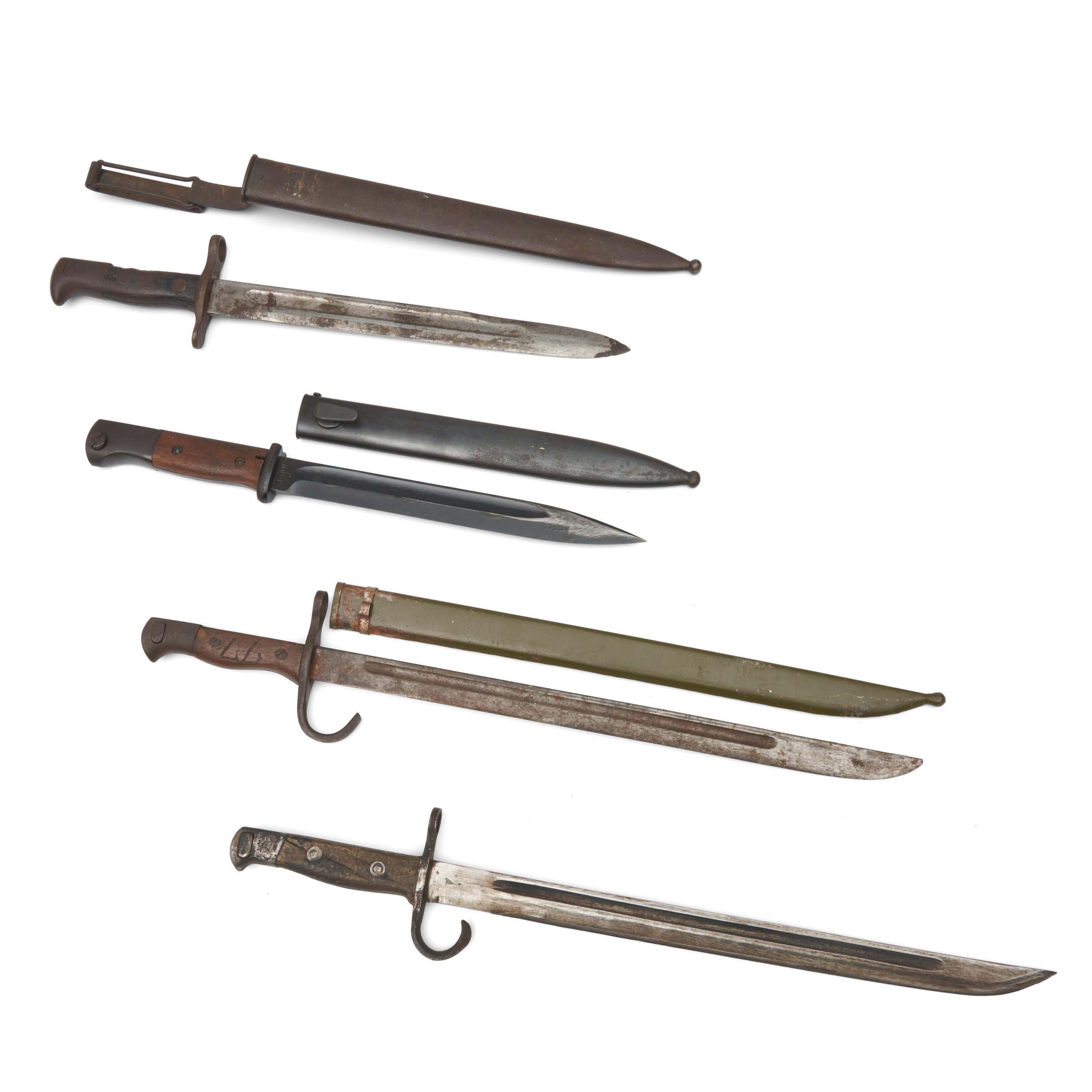 Appraisal: FOUR RIFLE BAYONETS Including a Krag bayonet and scabbard with