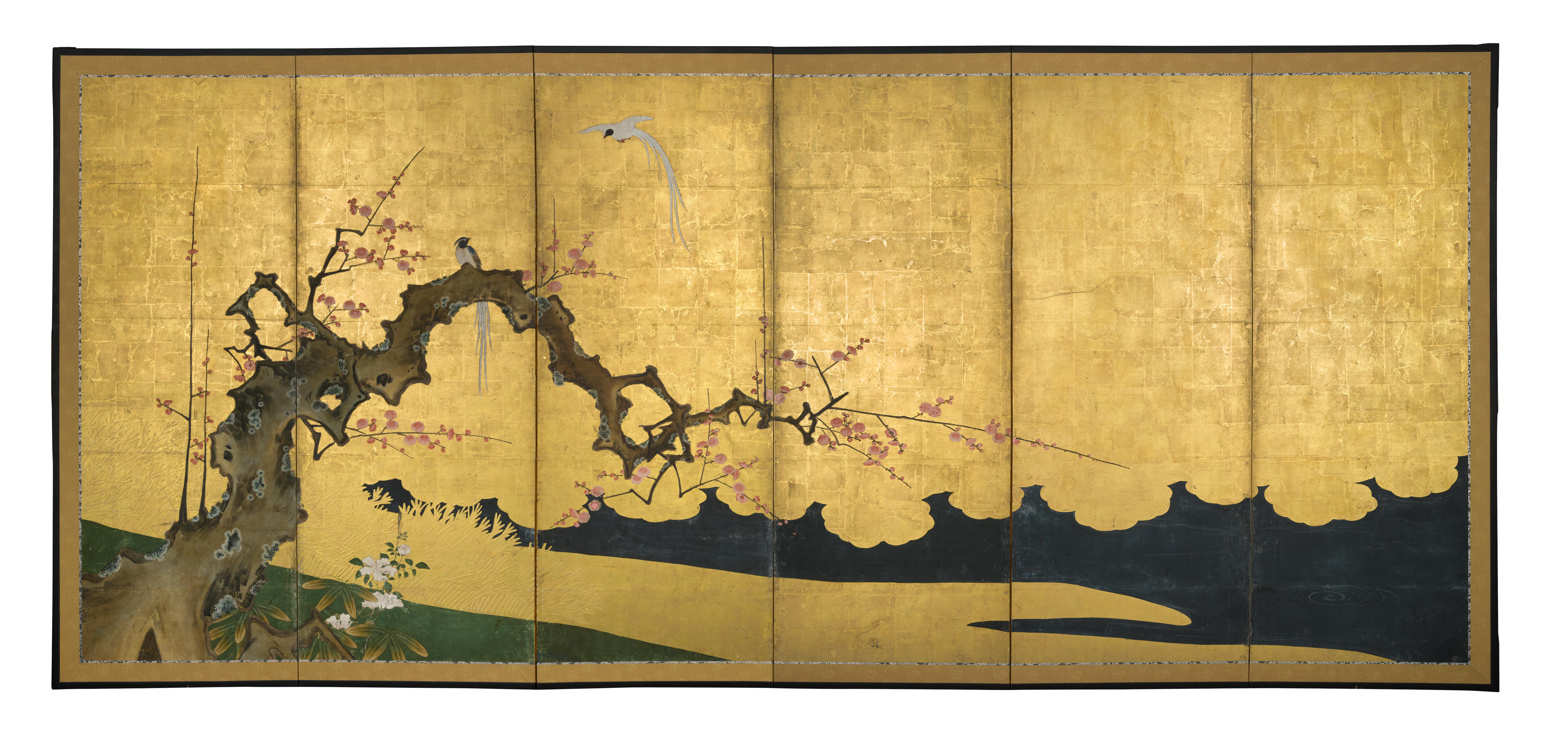 Appraisal: KANO SCHOOL Azure-Winged Magpies on a Blossoming Plum Tree Edo