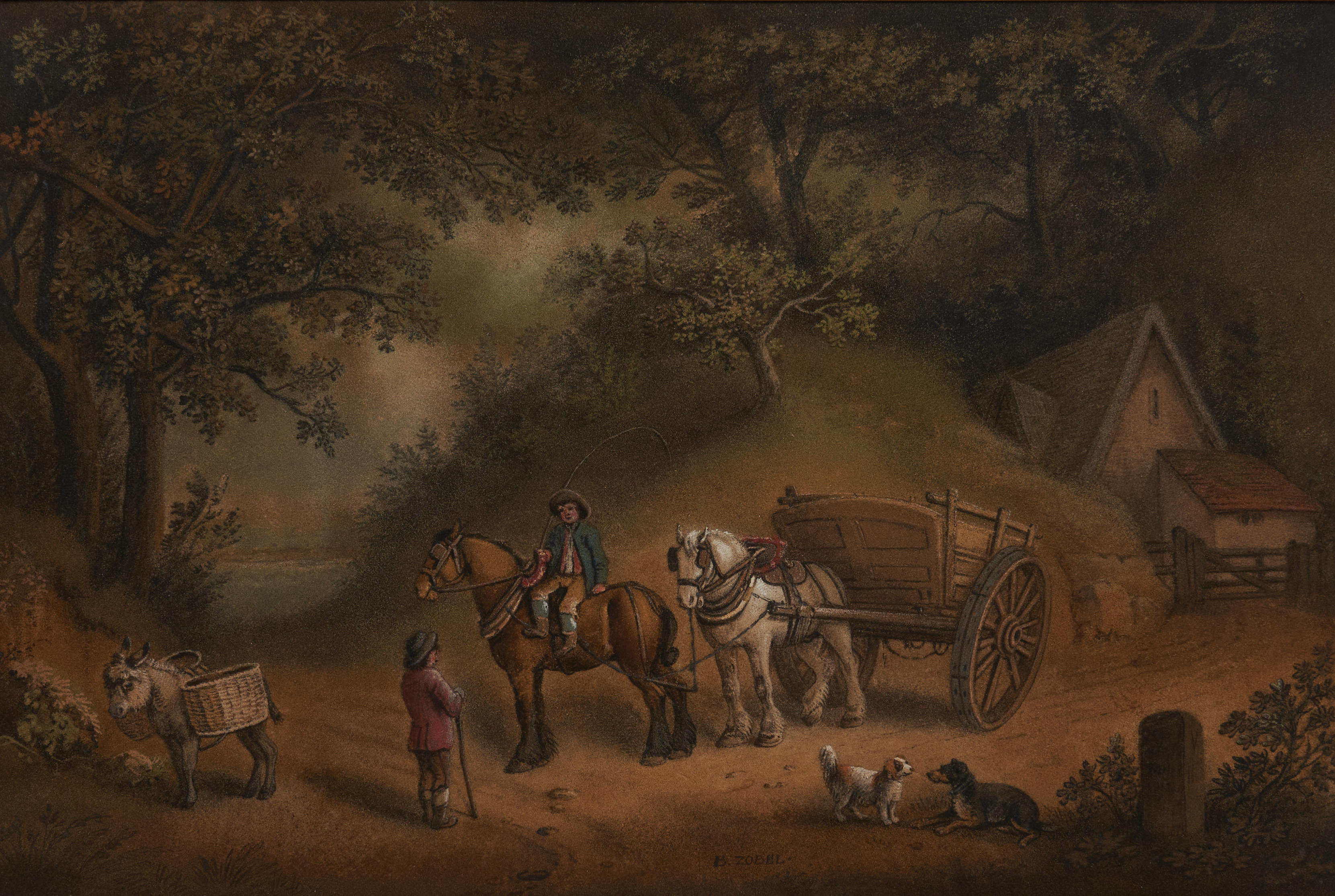 Appraisal: BENJAMIN ZOBEL GERMAN - Horse-drawn Cart and Cottager Depicting a