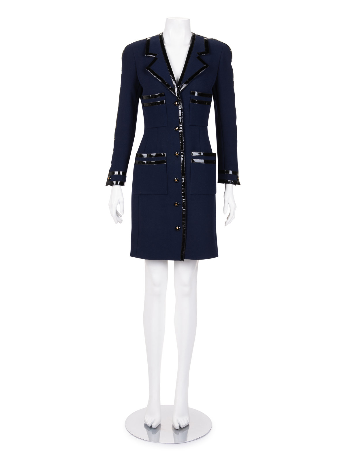 Appraisal: Chanel Jacket Dress with Patent Leather Trim s Dark blue