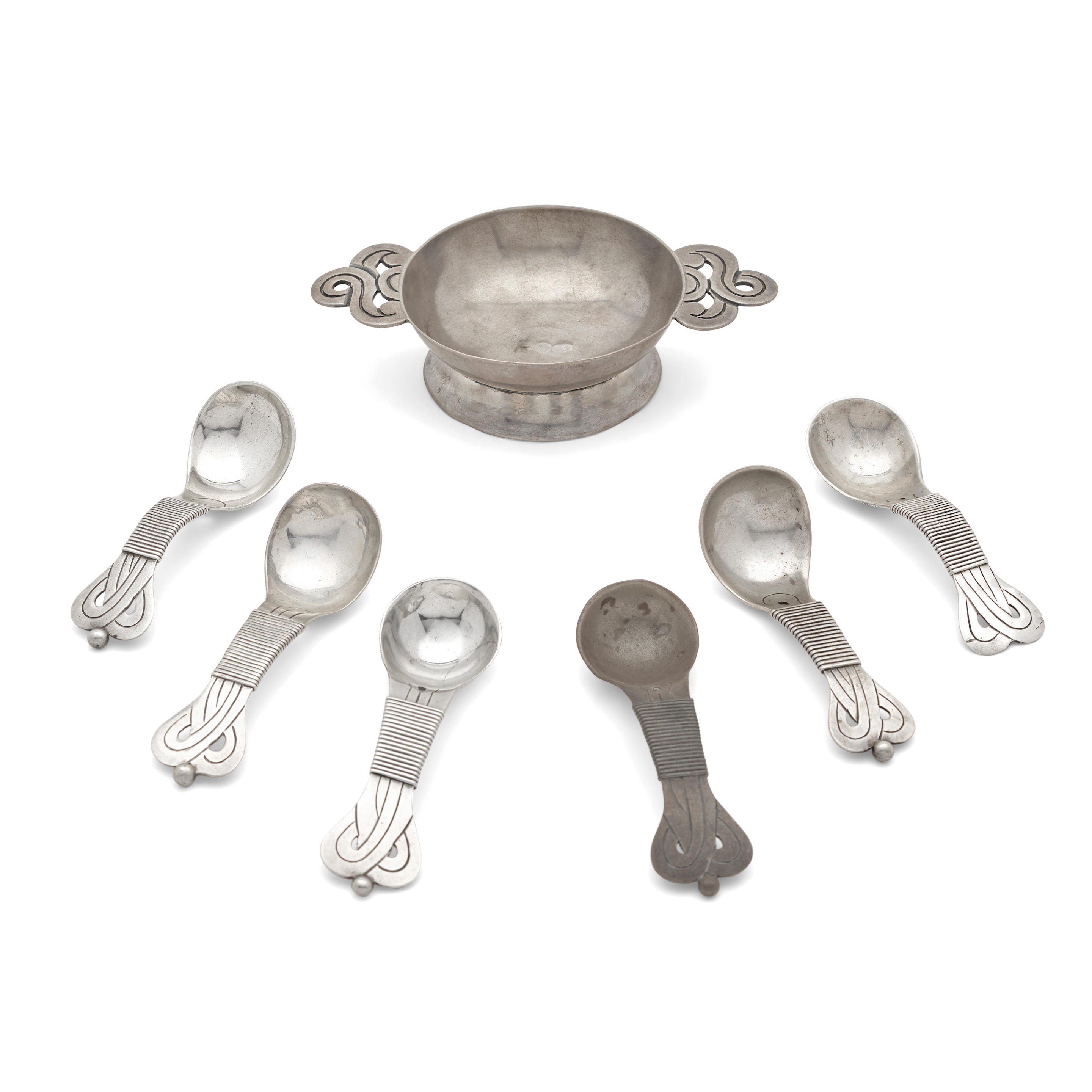 Appraisal: SIX MEXICAN STERLING SILVER SUGAR SPOONS AND A FOOTED TWO-HANDLED