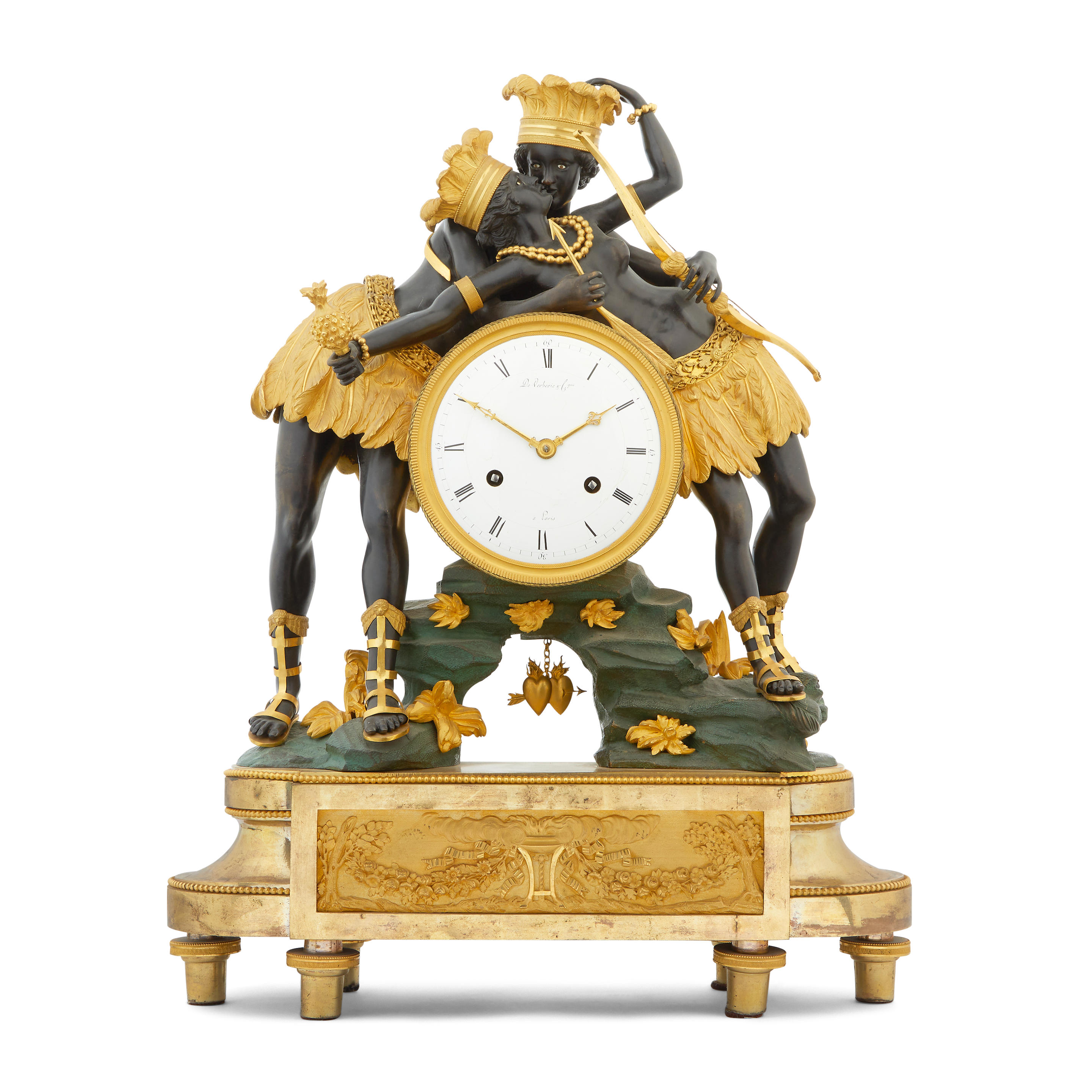 Appraisal: A FRENCH GILT AND PATINATED BRONZE MANTEL CLOCK DEPICTING A