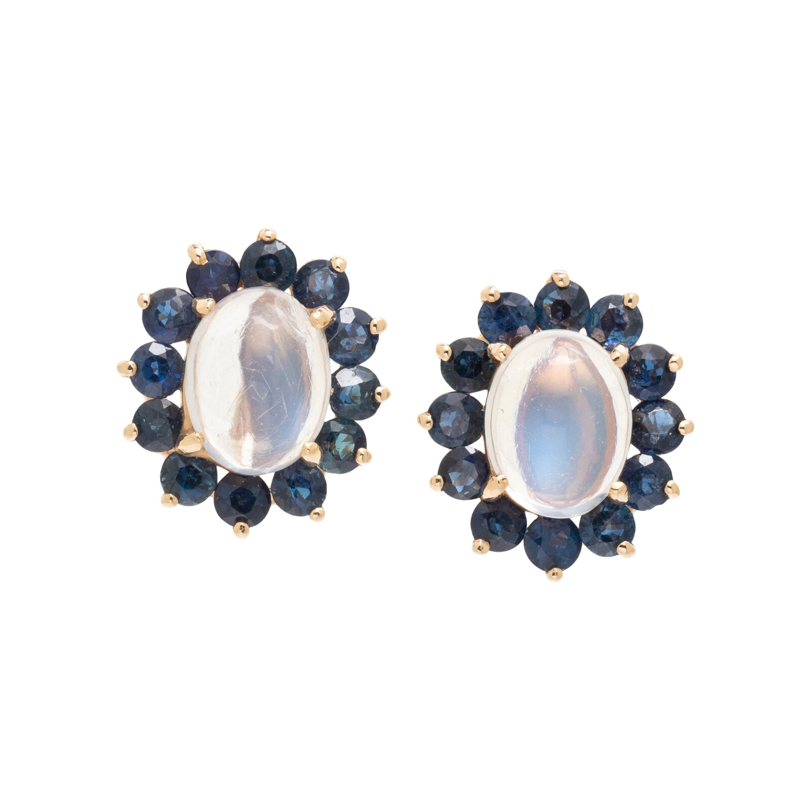 Appraisal: MOONSTONE AND SAPPHIRE EARCLIPS Oval cabochon moonstones and round mixed