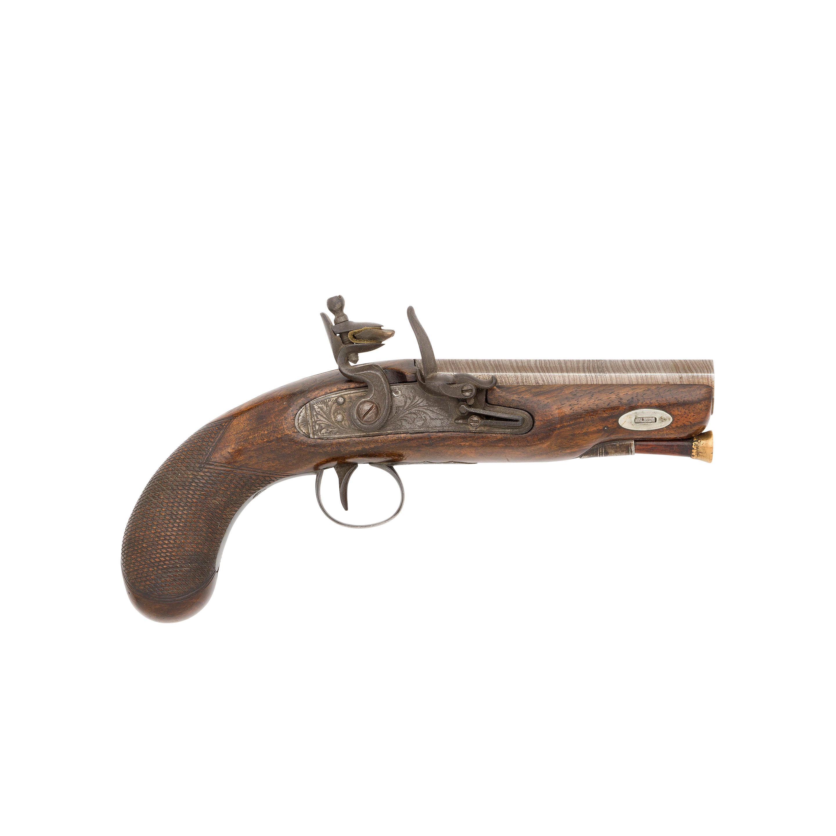 Appraisal: A -BORE FLINTLOCK OVERCOAT PISTOL CIRCA With rebrowned twist octagonal