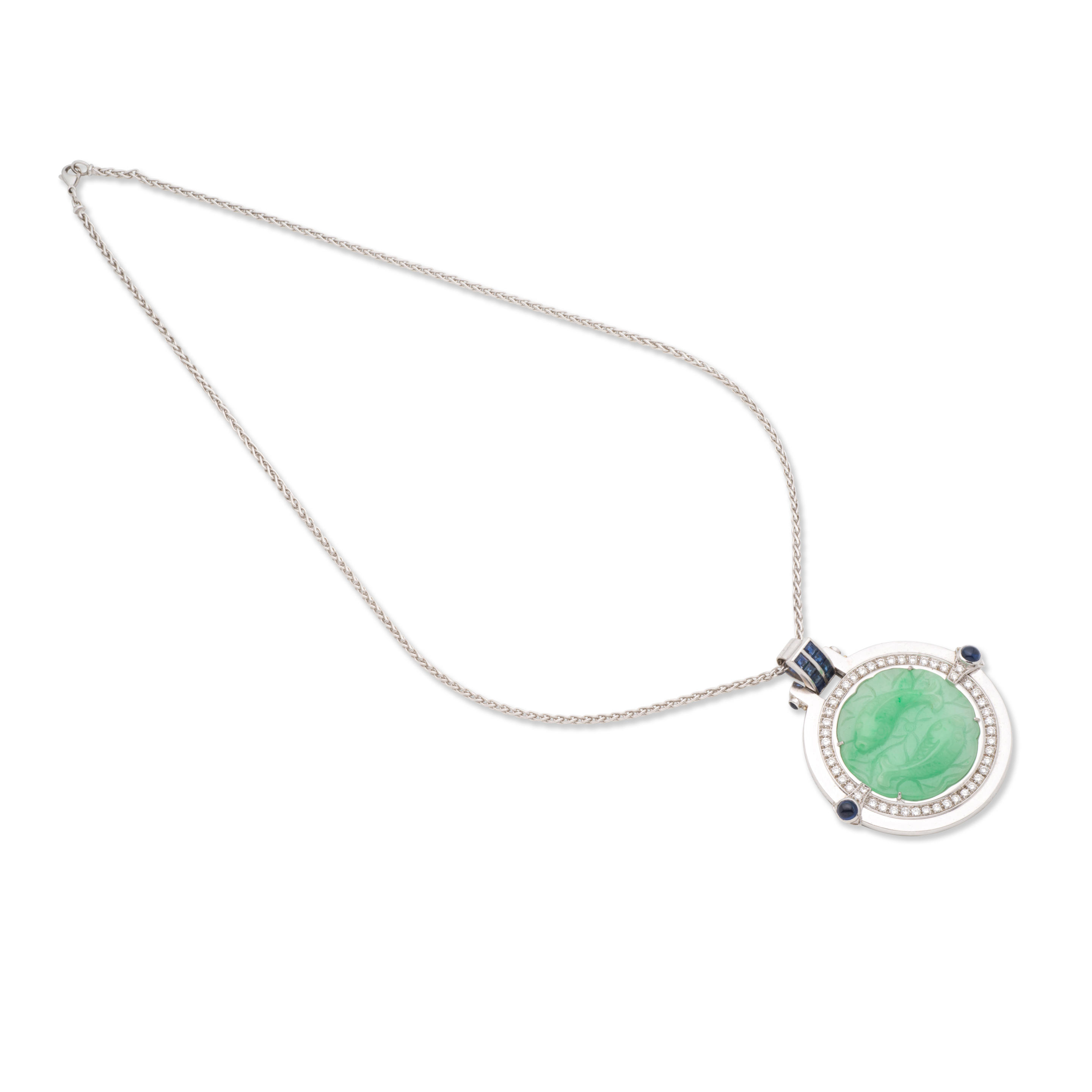 Appraisal: JADEITE SAPPHIRE AND DIAMOND PENDANT NECKLACE COLLIER PENDENTIF JADE JADEITE