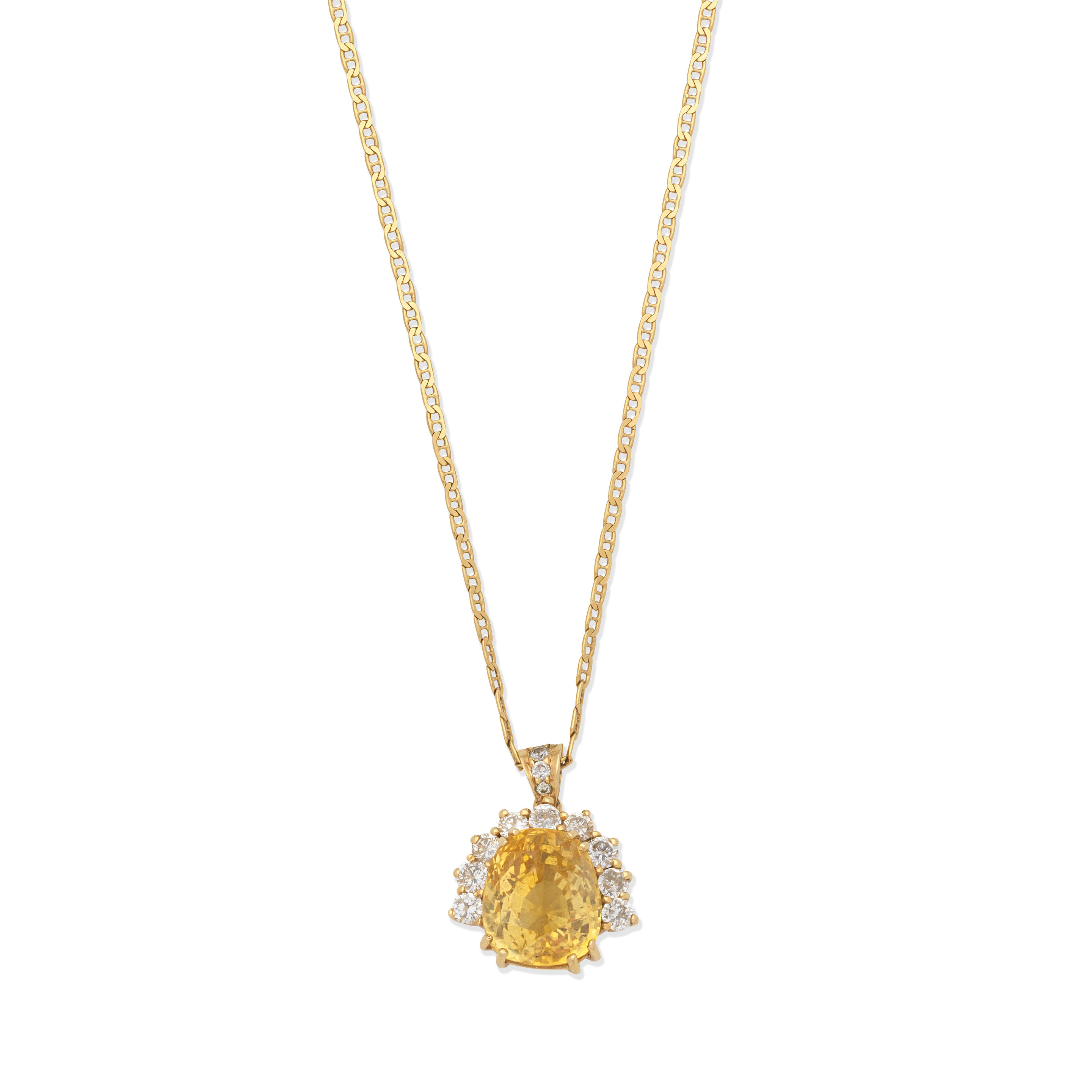 Appraisal: YELLOW SAPPHIRE AND DIAMOND PENDANT NECKLACE Cushion-shaped yellow sapphire and