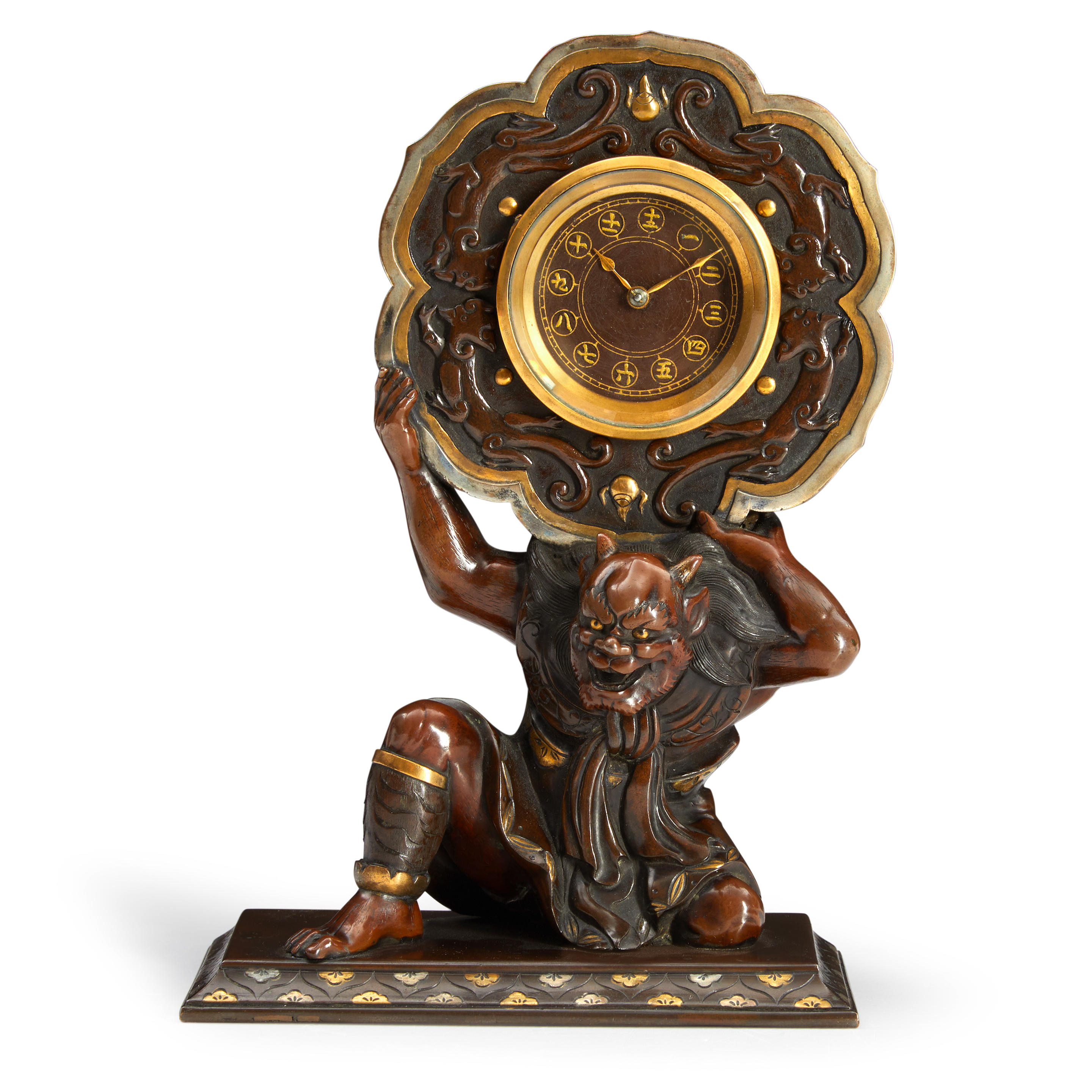 Appraisal: ATTRIBUTED TO MIYAO A MIXED METAL-INLAID BRONZE TABLE CLOCK WITH