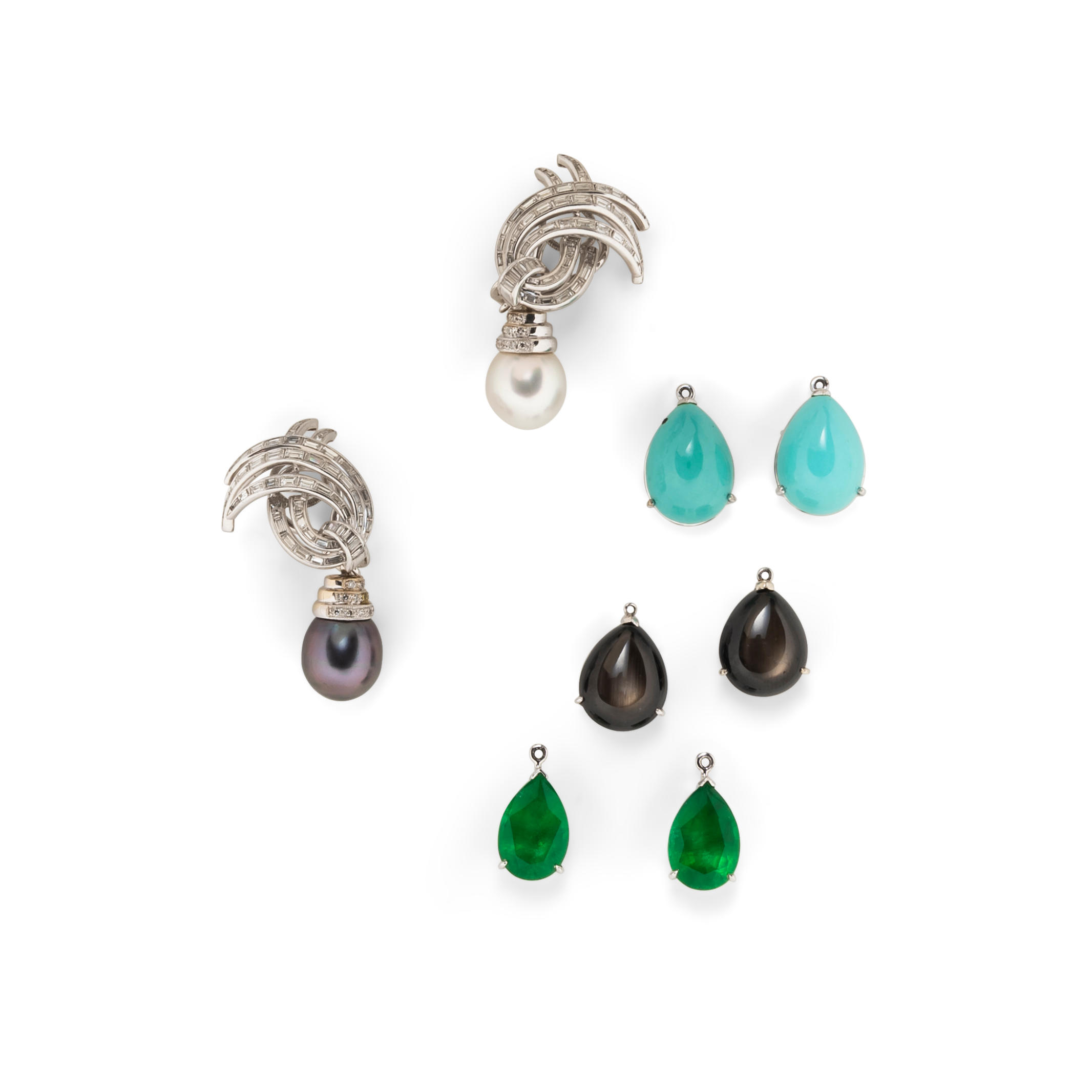 Appraisal: A PAIR OF DIAMOND AND GEM-SET EARCLIPS Set with diamond