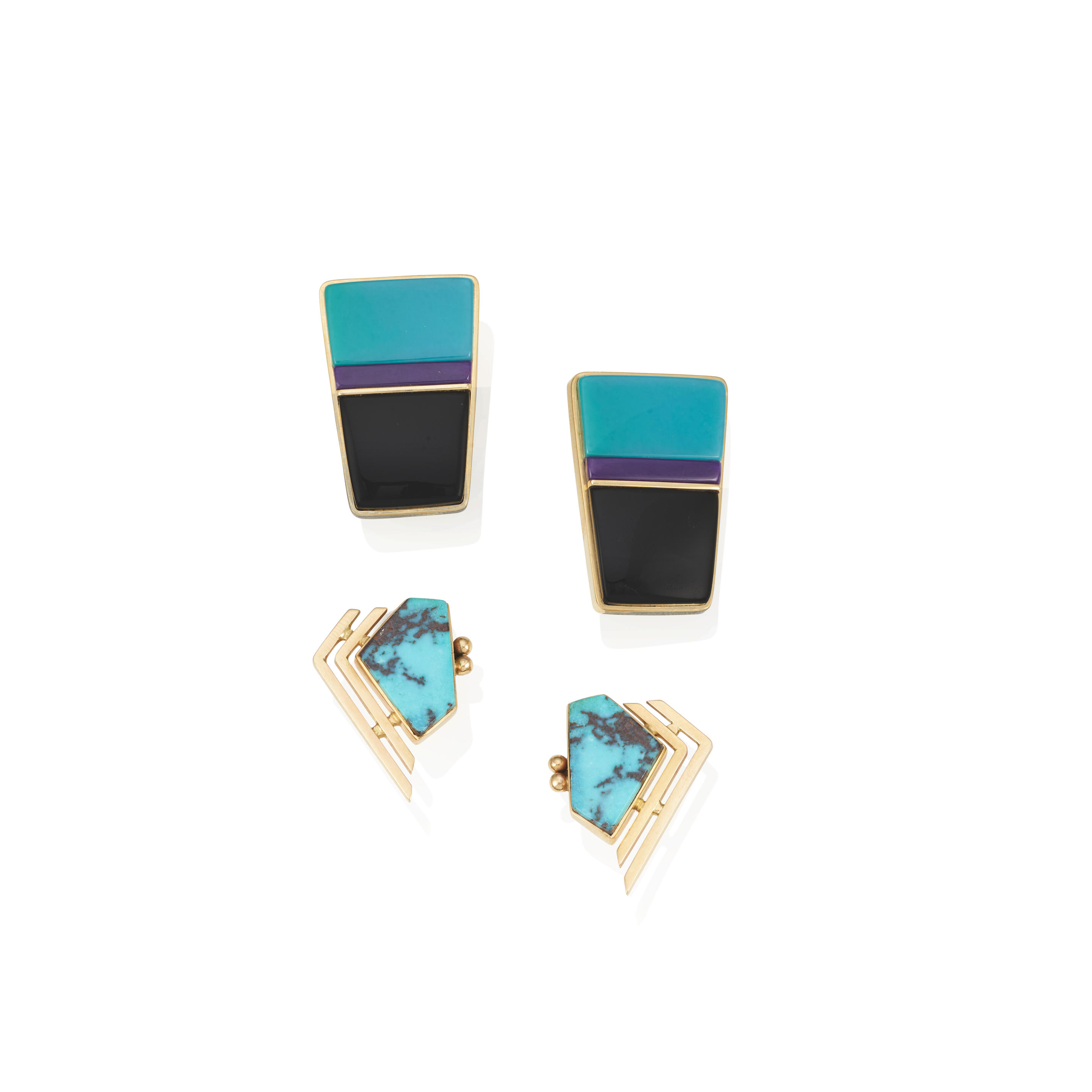 Appraisal: TWO PAIRS OF GOLD AND HARDSTONE EARRINGS Turquoise onyx sugilite