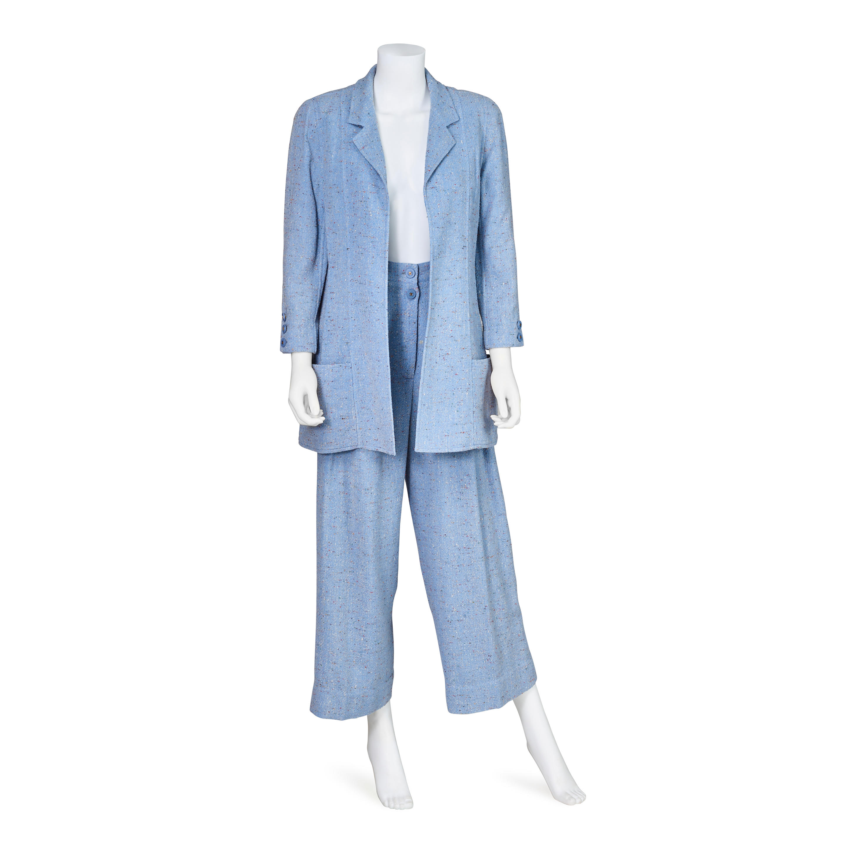 Appraisal: CHANEL TWEED PANTSUIT 's Blue Open Jacket with Patch Pockets