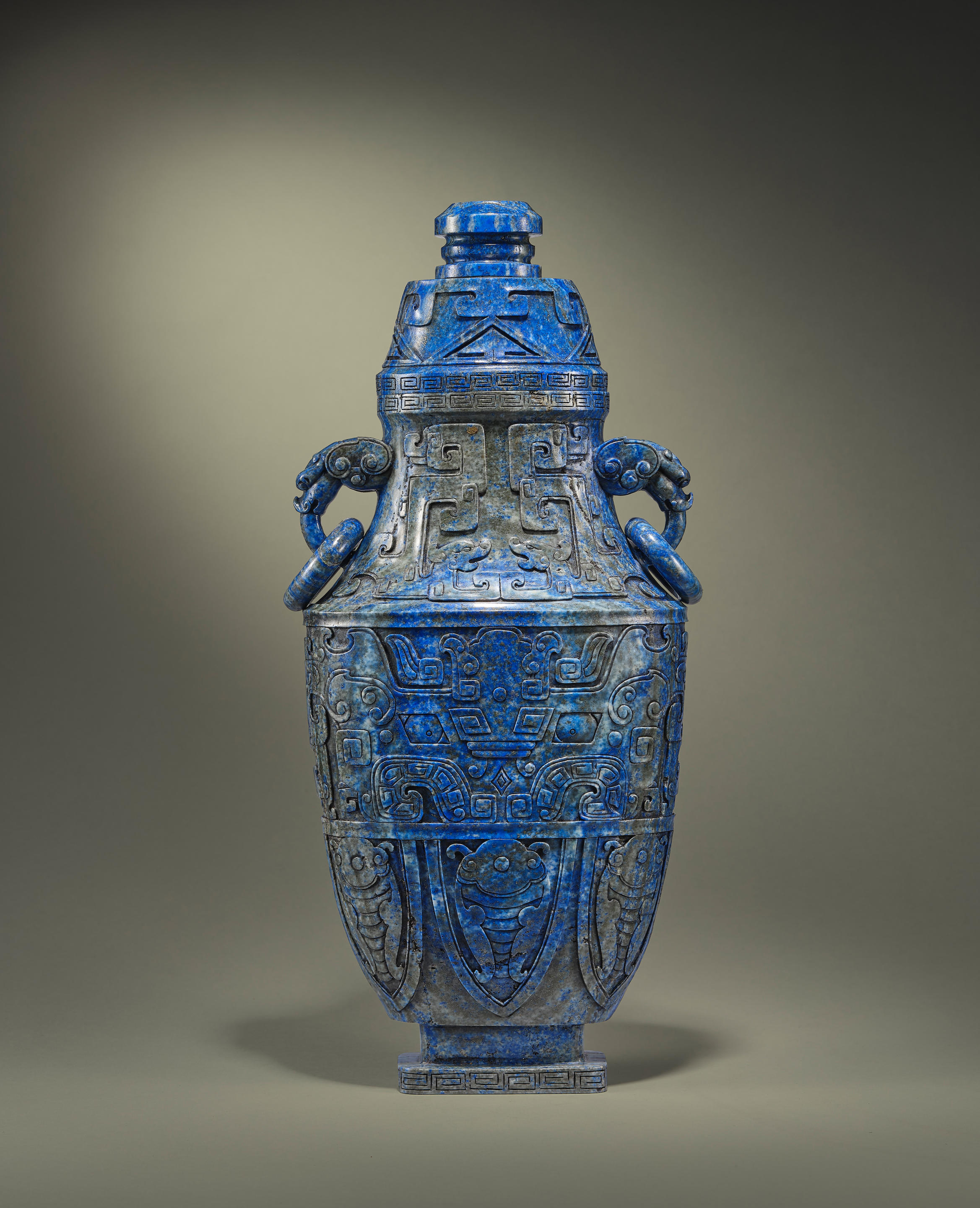 Appraisal: A VERY RARE AND LARGE LAPIS LAZULI ARCHAISTIC BALUSTER VASE