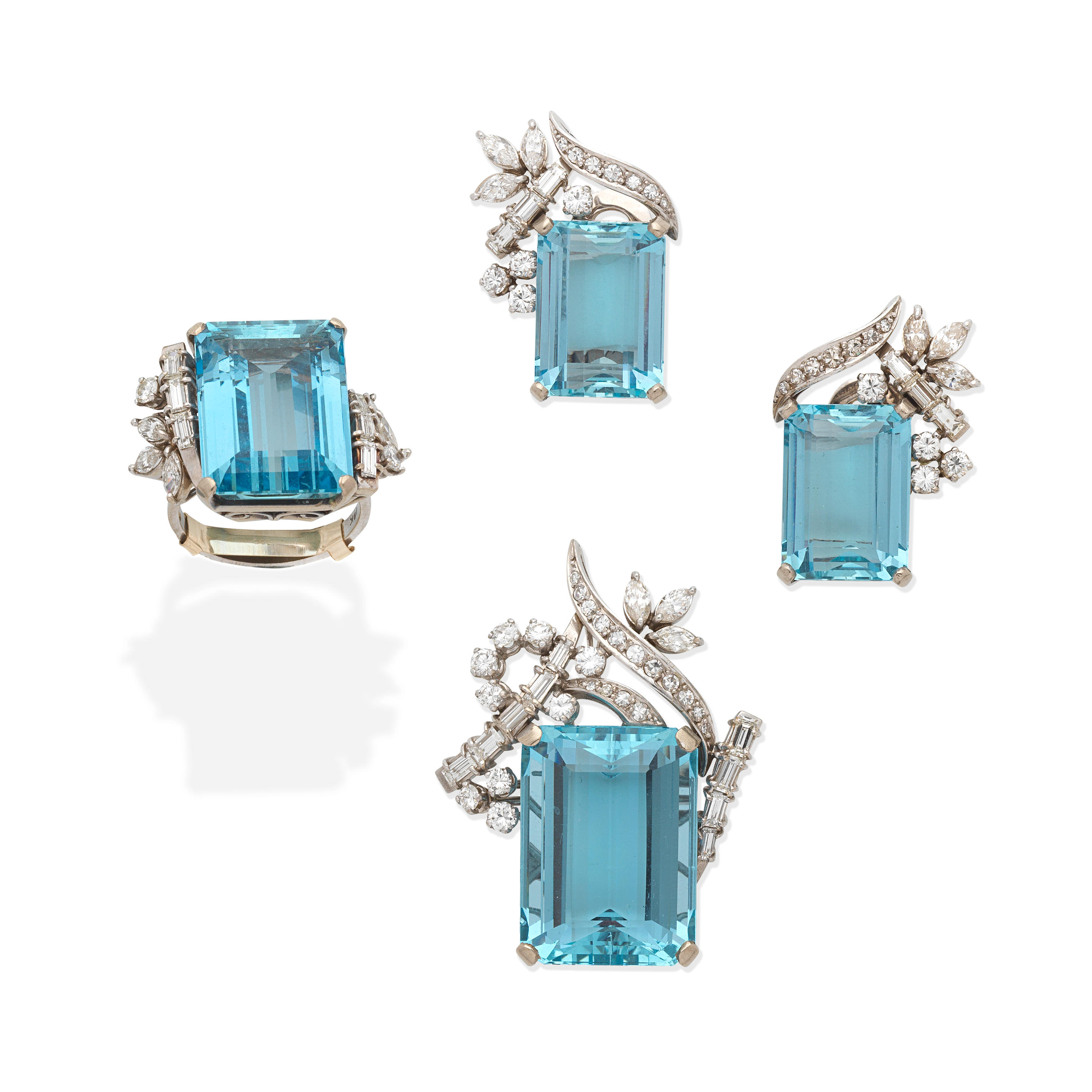 Appraisal: AQUAMARINE AND DIAMOND PENDANT RING AND EARRING SUITE MID TH