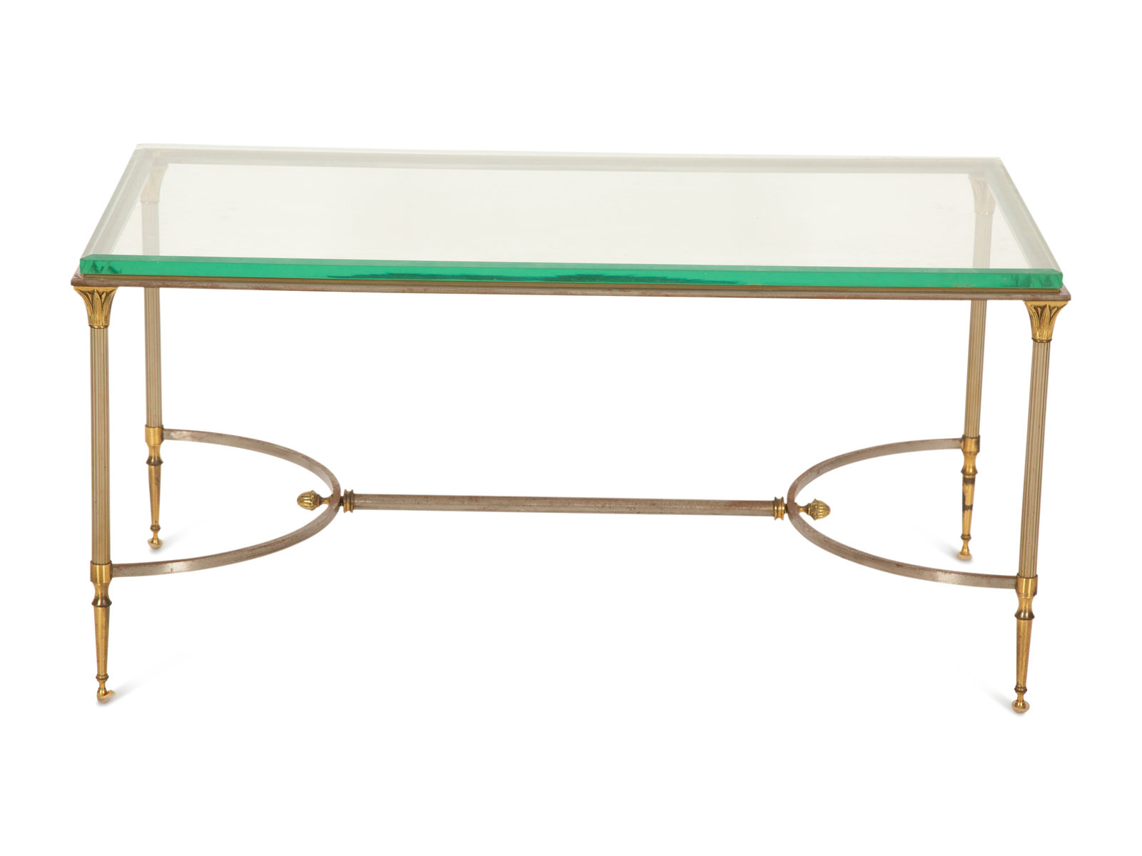 Appraisal: A Neoclassical Style Steel and Brass Glass Top Coffee Table