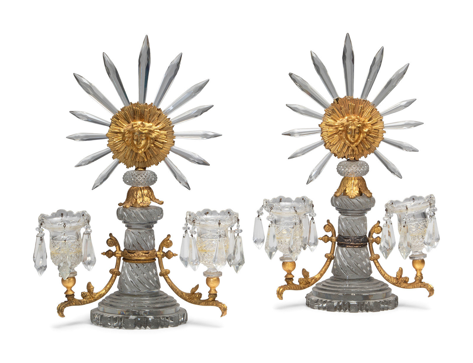 Appraisal: A Pair of Regency Gilt Bronze and Cut Glass Twin-Light