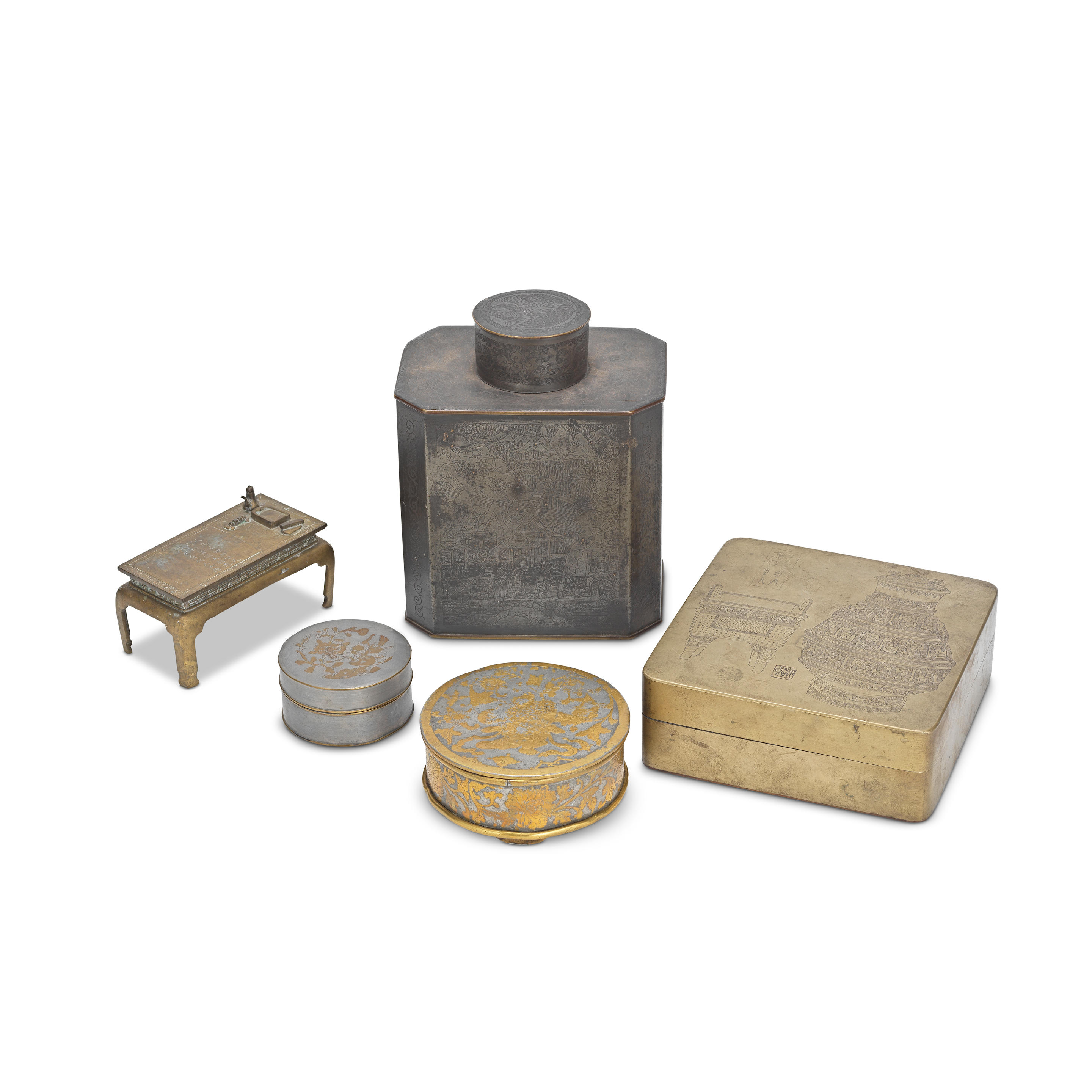 Appraisal: A BRONZE MINIATURE TABLE A PEWTER TEA CADDY TWO PEWTER