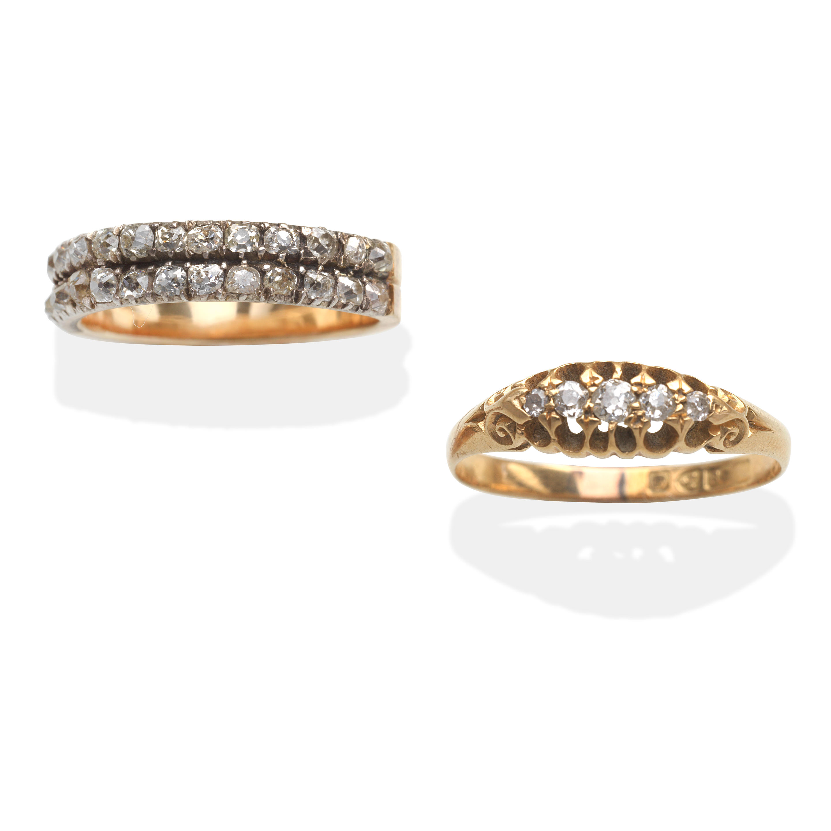 Appraisal: TWO DIAMOND RINGS st Two-row diamond half-eternity ring - Cushion-shaped