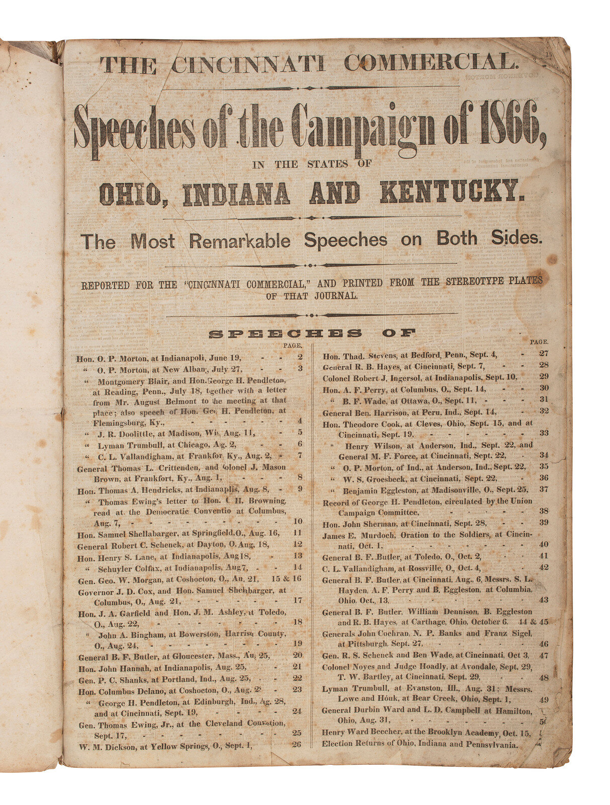 Appraisal: POLITICS - RECONSTRUCTION The Cincinnati Commercial Speeches of the Campaign