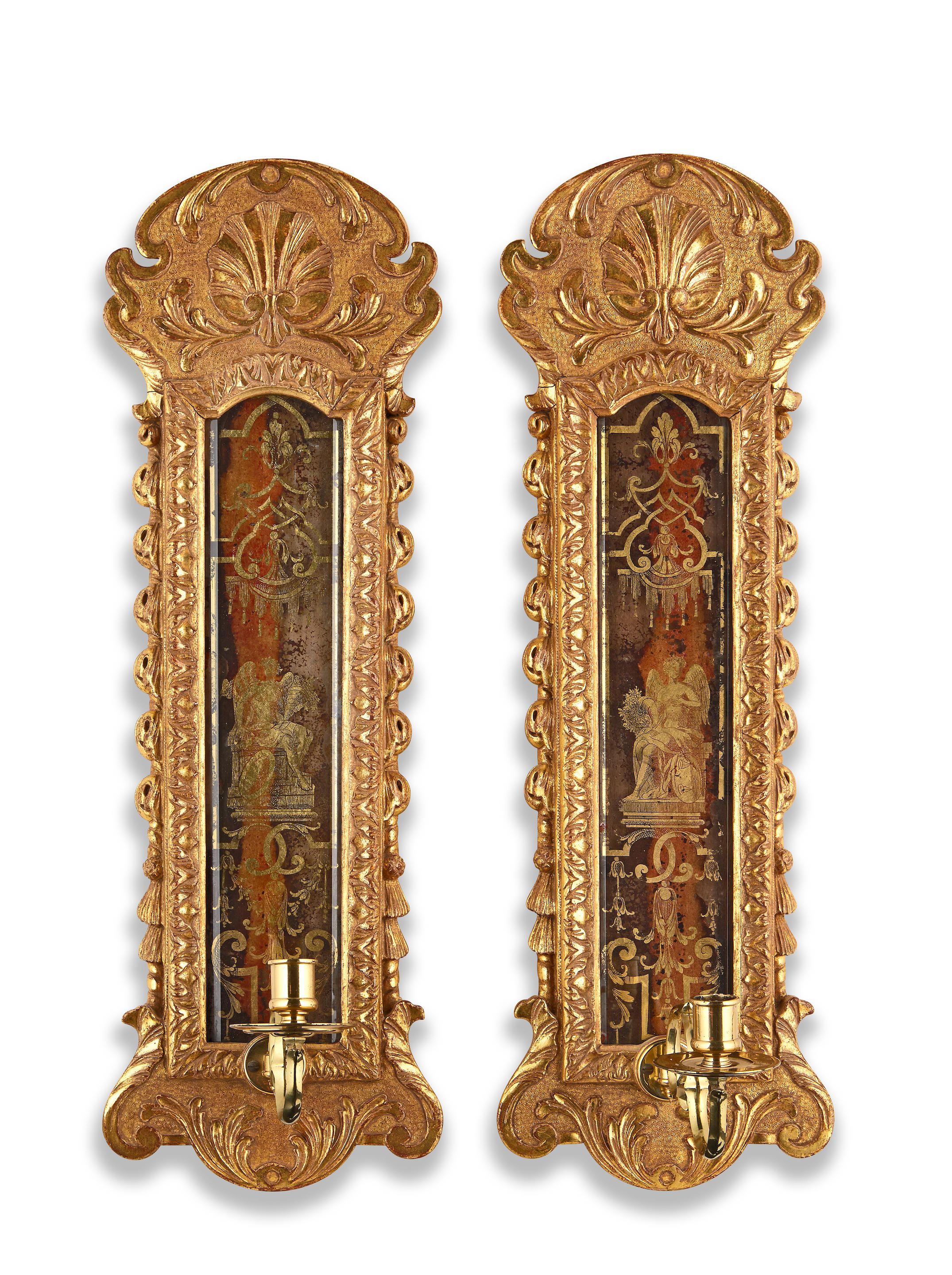 Appraisal: A PAIR OF GEORGE I-STYLE CARVED GILTWOOD AND VERRE GLOMIS