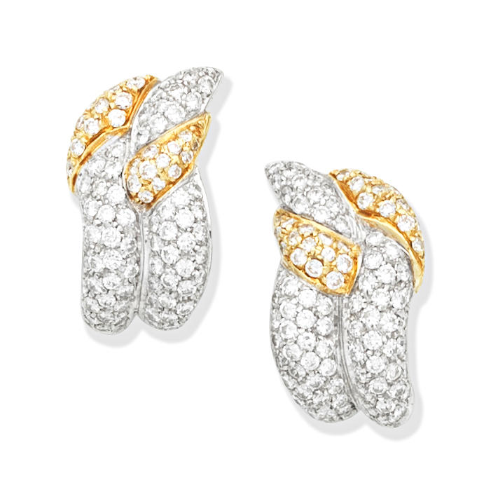 Appraisal: DIAMOND EARRINGS Bicoloured pav -set throughout with brilliant-cut diamonds diamonds