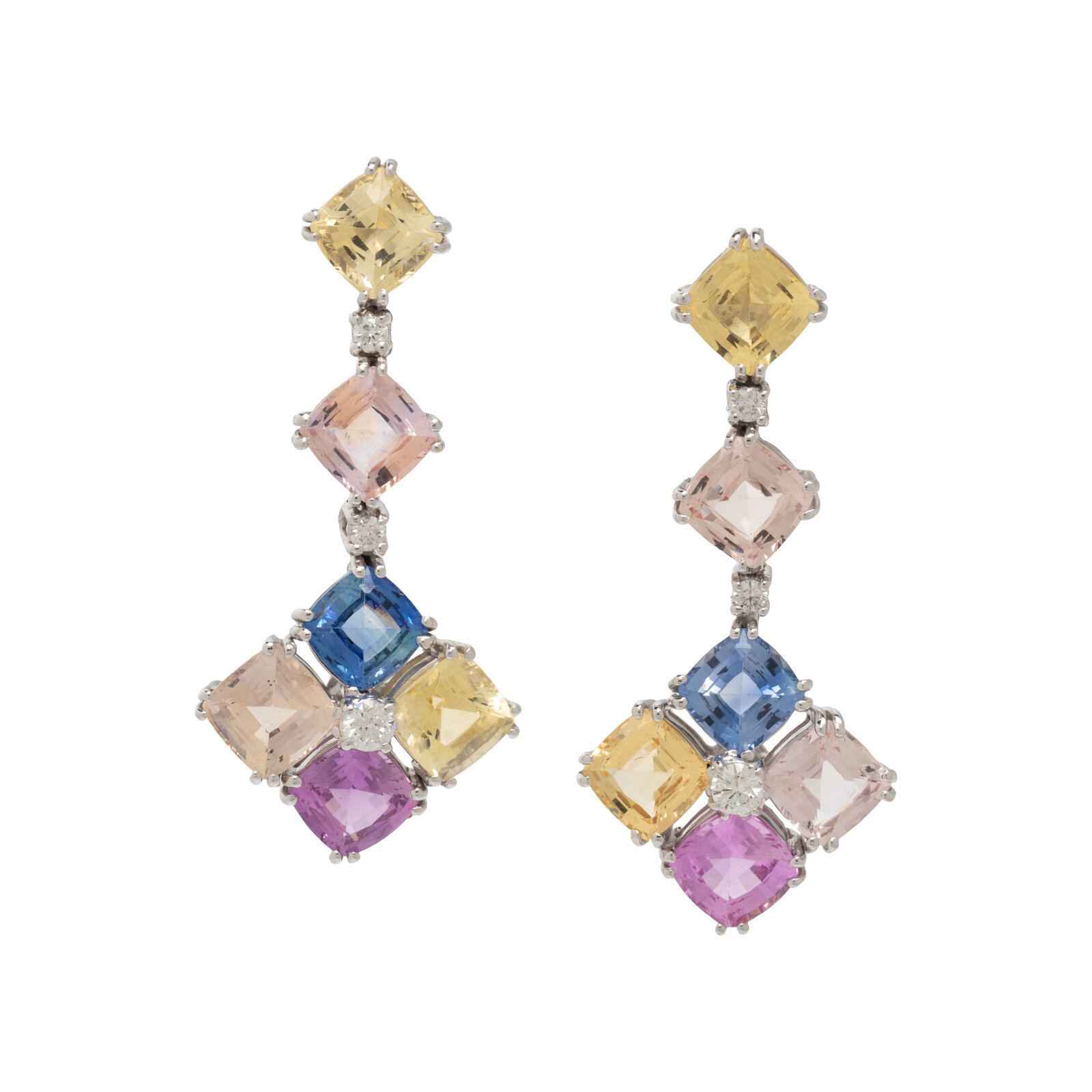 Appraisal: MULTICOLOR SAPPHIRE AND DIAMOND EARRINGS Cushion mixed cut multicolor sapphires