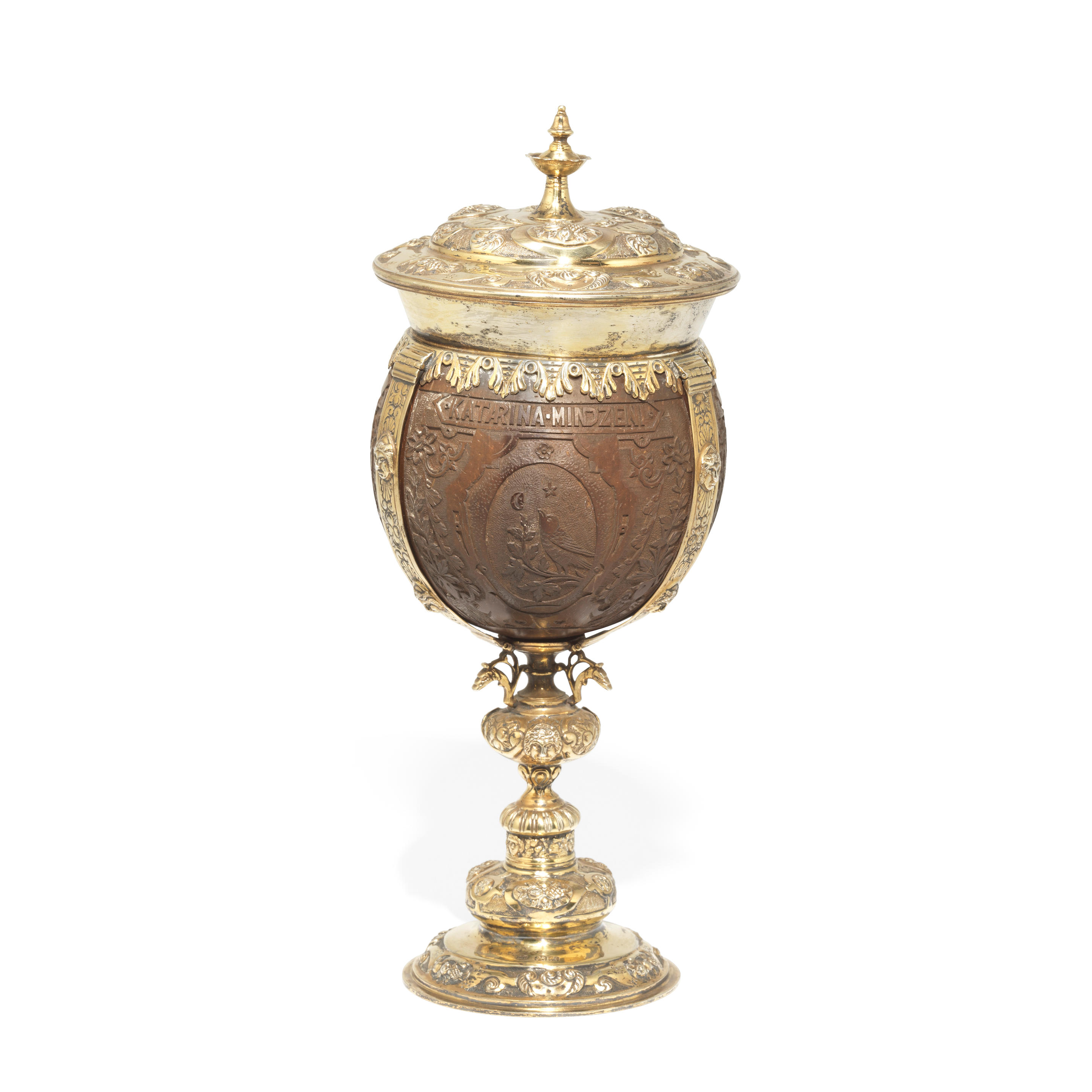 Appraisal: A SILVER-GILT MOUNTED COVERED COCONUT STANDING CUP George Nathan Ridley