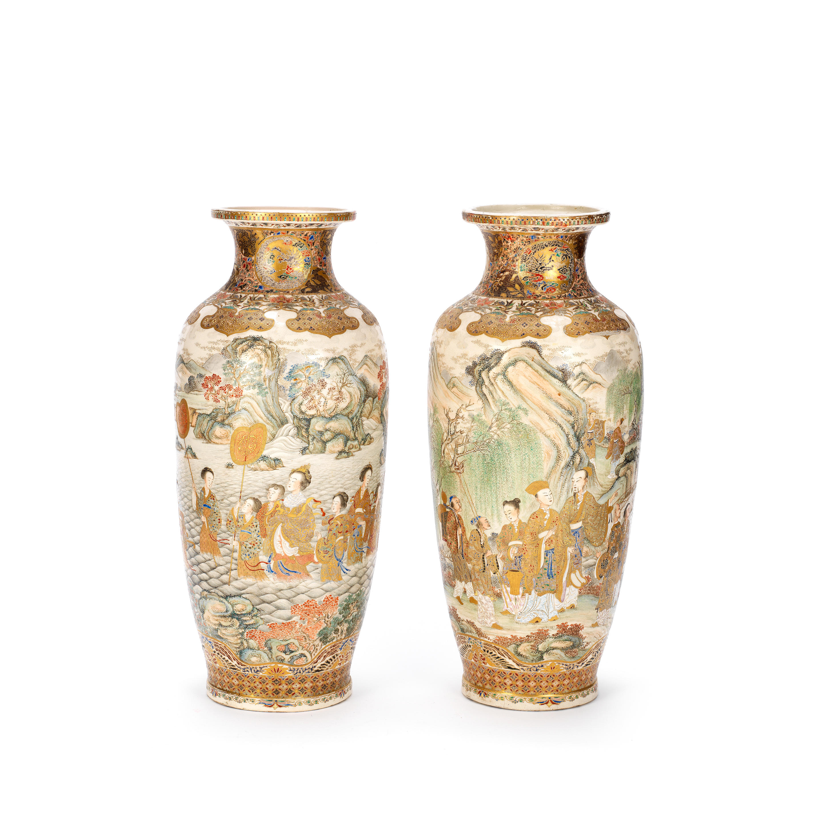 Appraisal: A LARGE PAIR OF SATSUMA ROULEAU VASES Meiji Period One