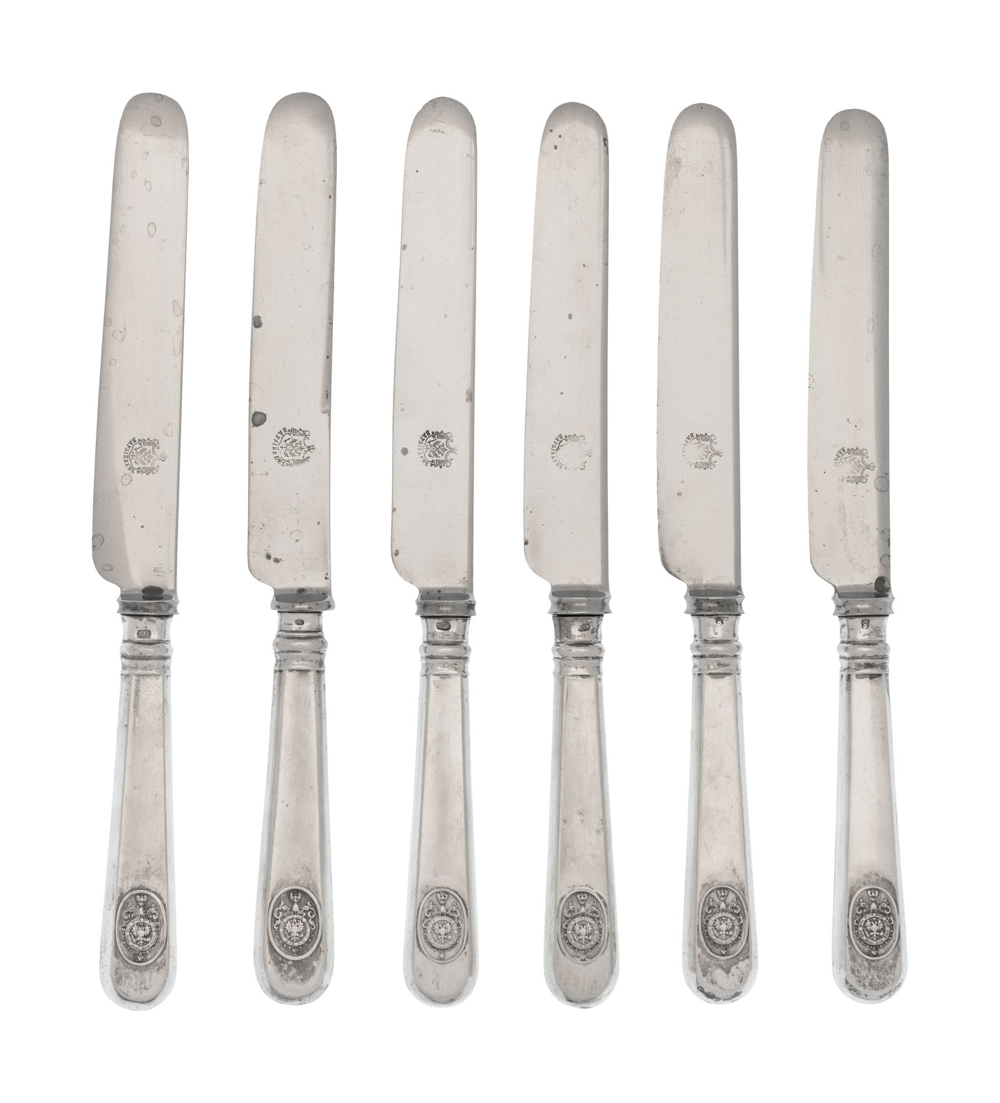 Appraisal: A Set of Six Russian Silver Dinner Knives Mark of