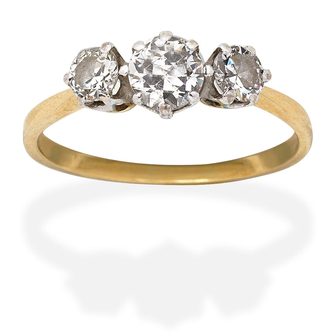 Appraisal: DIAMOND THREE-STONE RING Old brillant-cut diamonds diamonds approx ct total